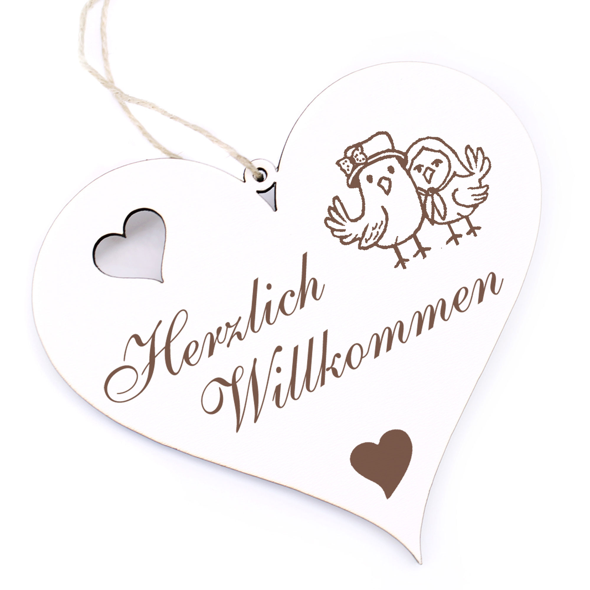 Herzlich Willkommen Schild - Vogelpaar - Deko Herz Holz