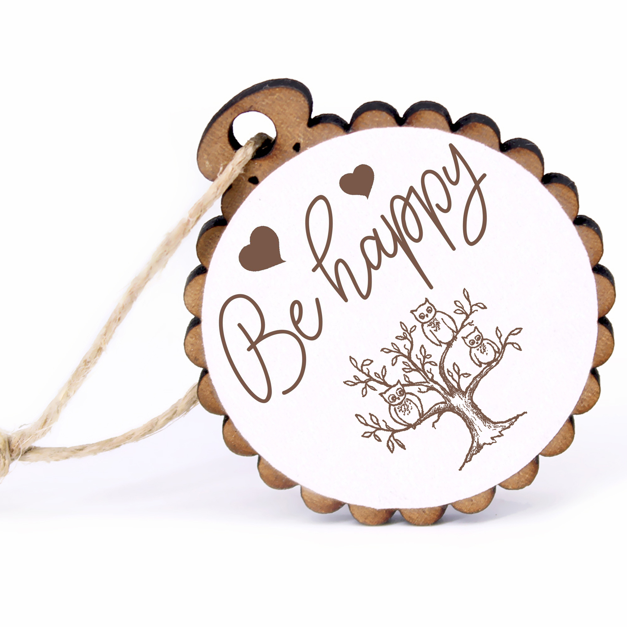 Geschenkanhänger - Be Happy Baum mit Eulen -  Holz Ø-5cm - mit Juteband