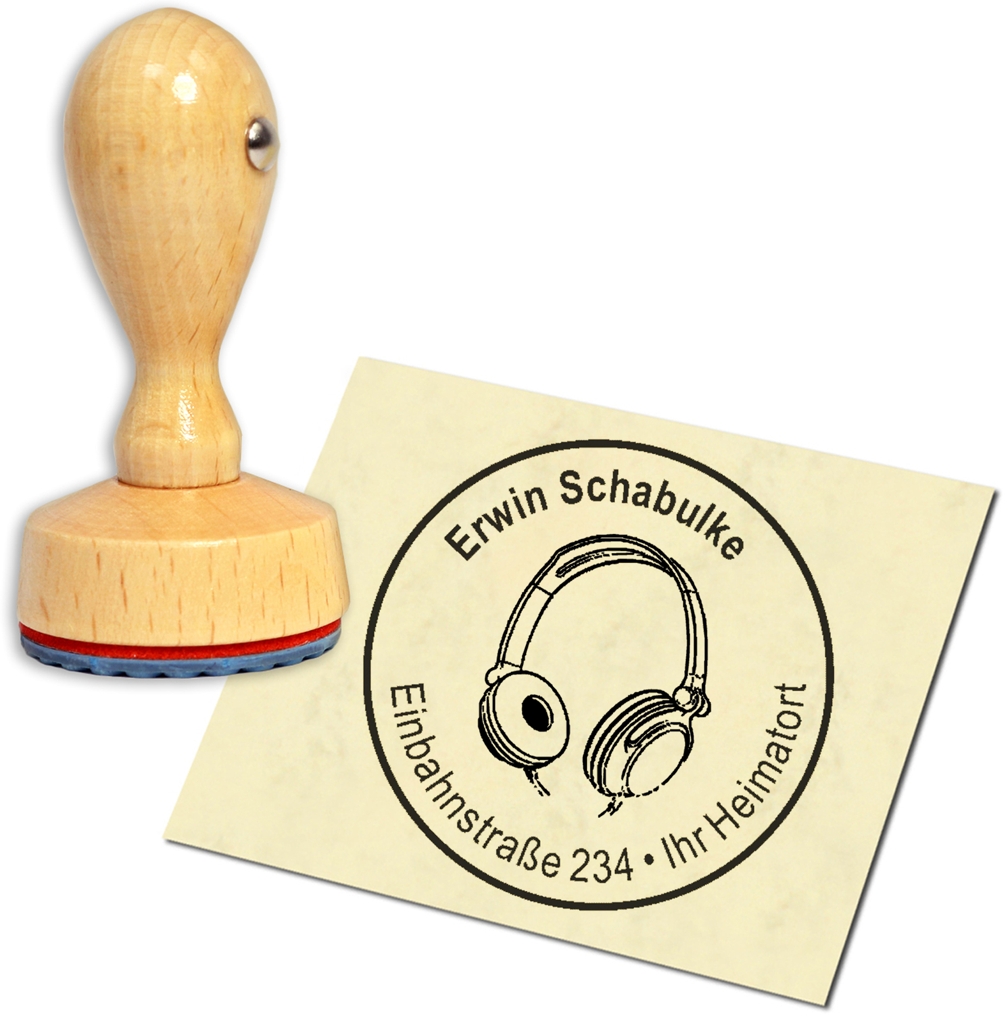 Stempel Adressstempel Holzstempel - Kopfhörer - rund 40mm