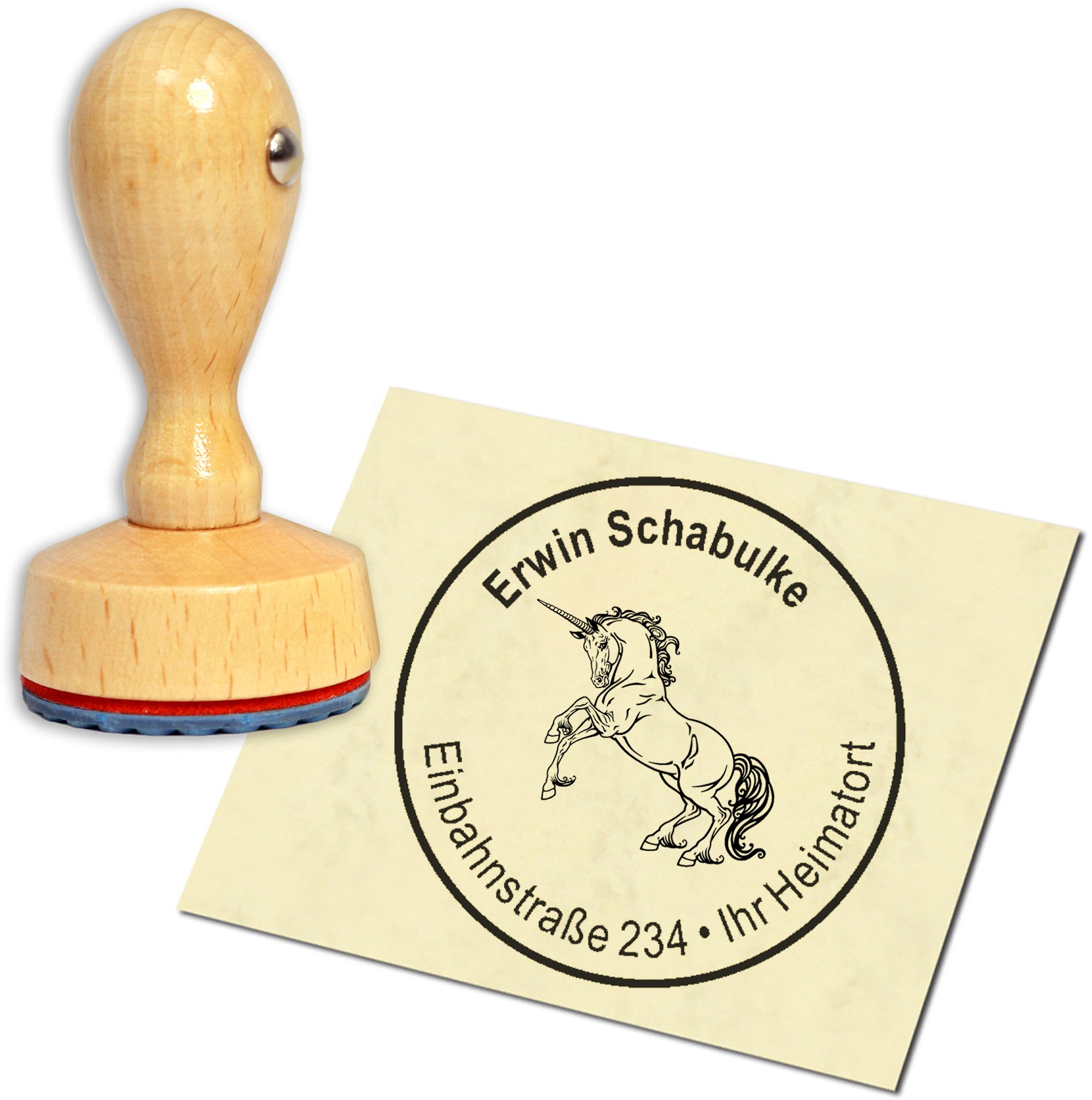 Stempel Adressstempel Holzstempel - stehendes Einhorn - rund 40mm