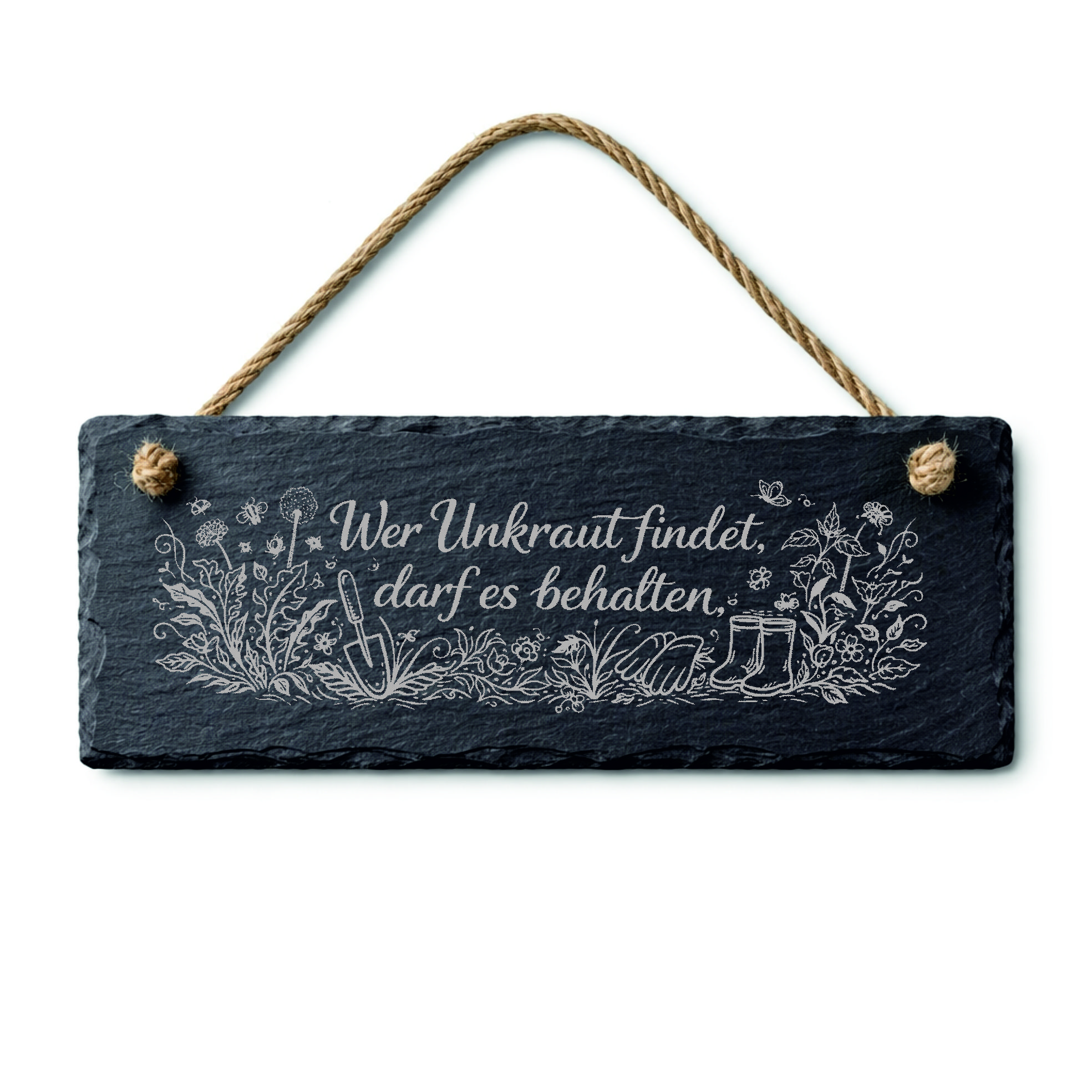 Schiefertafel mit Spruch Wer Unkraut findet, darf es behalten - Schild Gartendeko - 22 x 8 cm