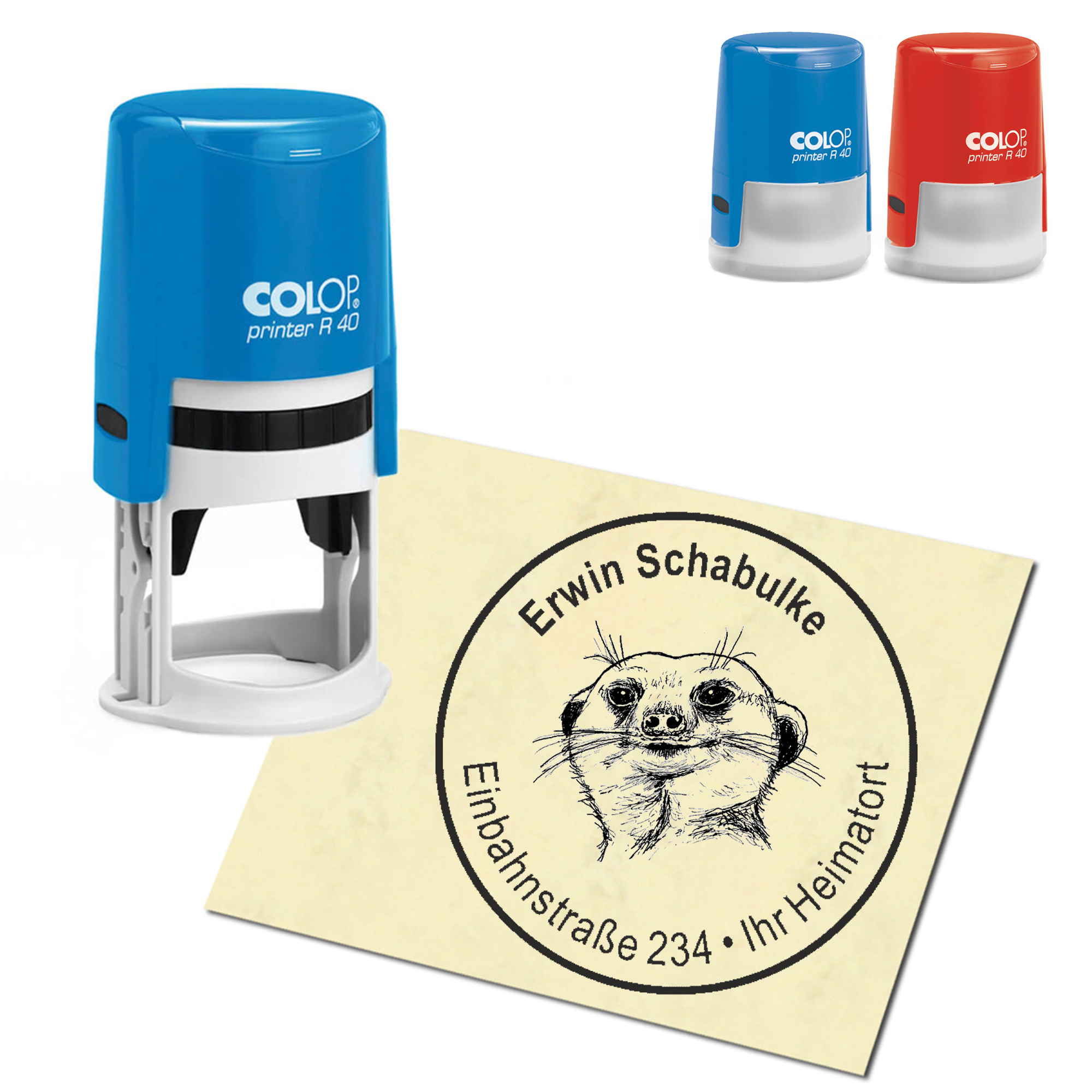 Stempel Adressstempel personalisiert - Erdmännchen Kopf - rund &empty; 40mm