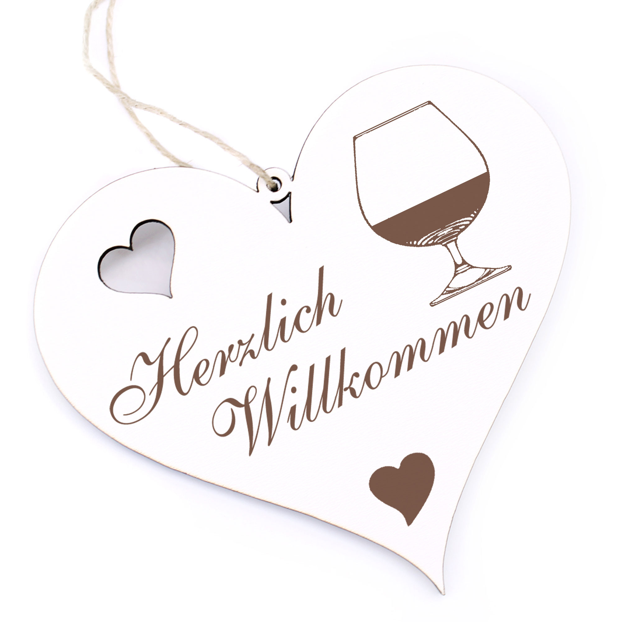 Herzlich Willkommen Schild - Weinglas - Deko Herz Holz