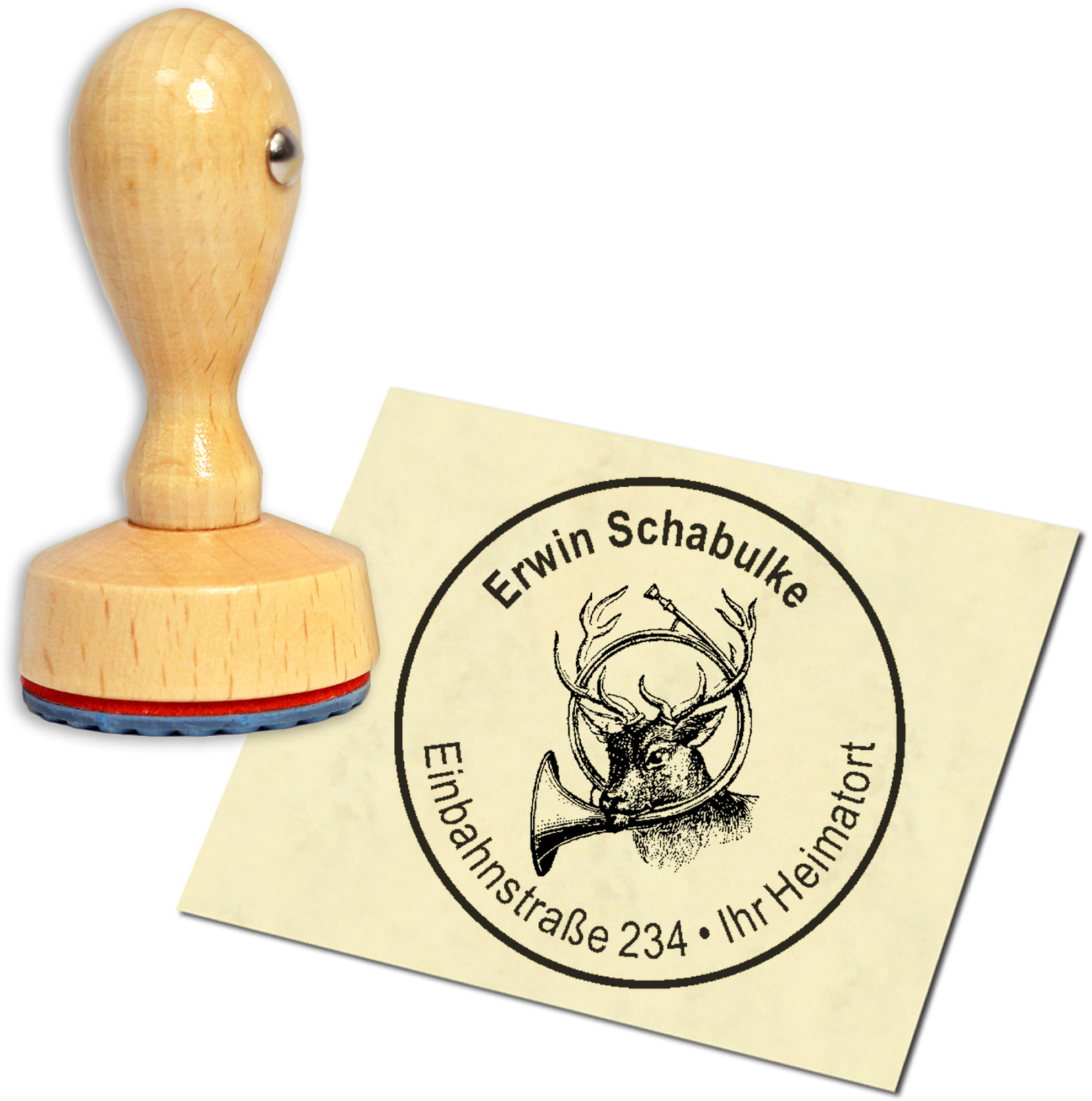 Stempel Adressstempel Holzstempel - Hirsch mit Waldhorn - rund 40mm