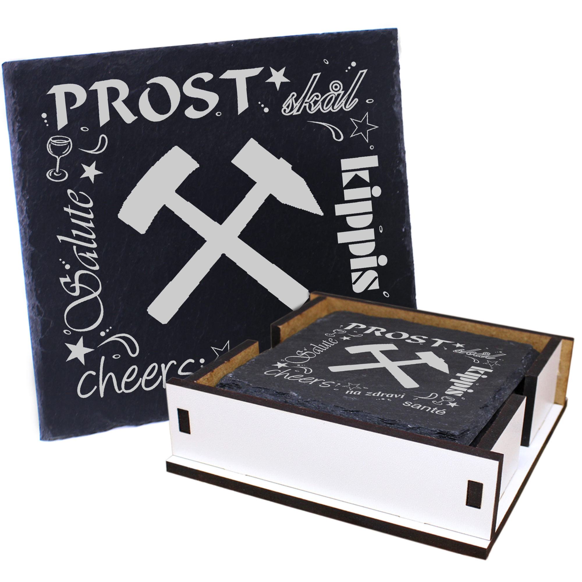 5 x Schiefer Untersetzer - Prost Bergbau - inkl. Holzbox & Flaschenuntersetzer