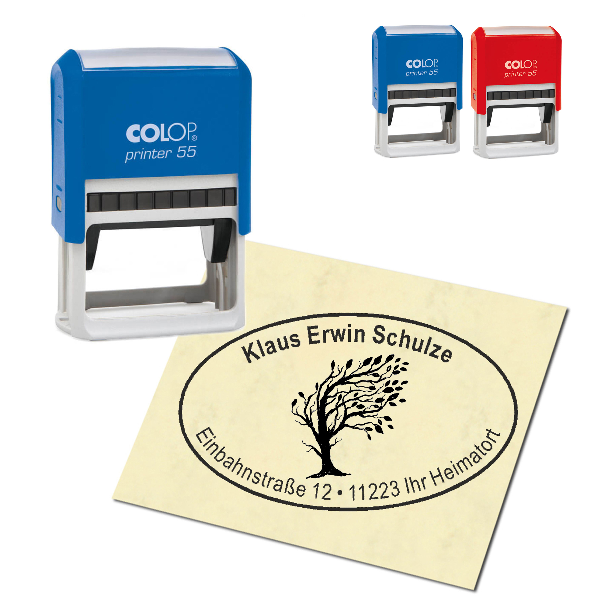 Adressstempel personalisiert Stempel - Baum im Wind - oval 59 x 39 mm