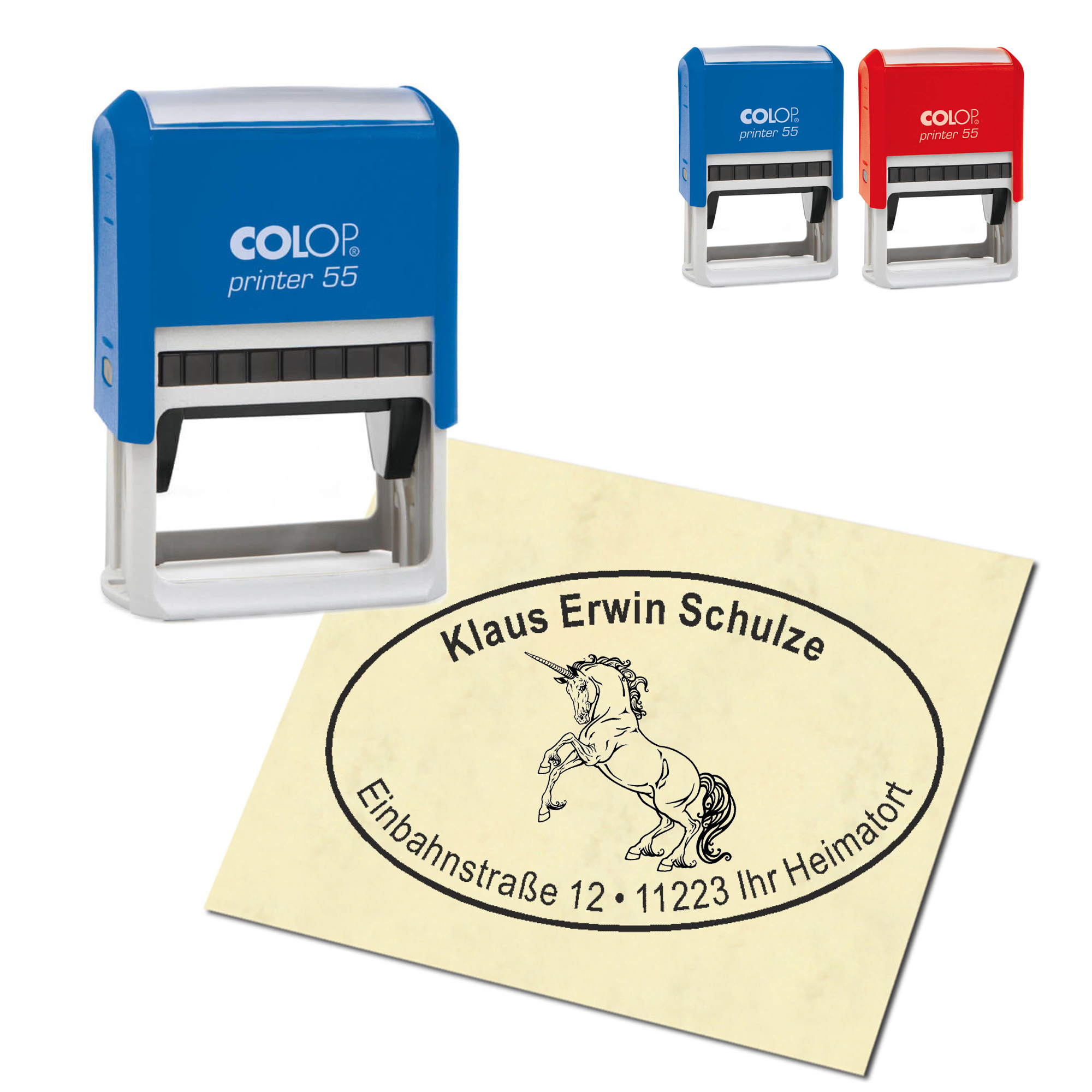 Adressstempel personalisiert Stempel - stehendes Einhorn - oval 59 x 39 mm