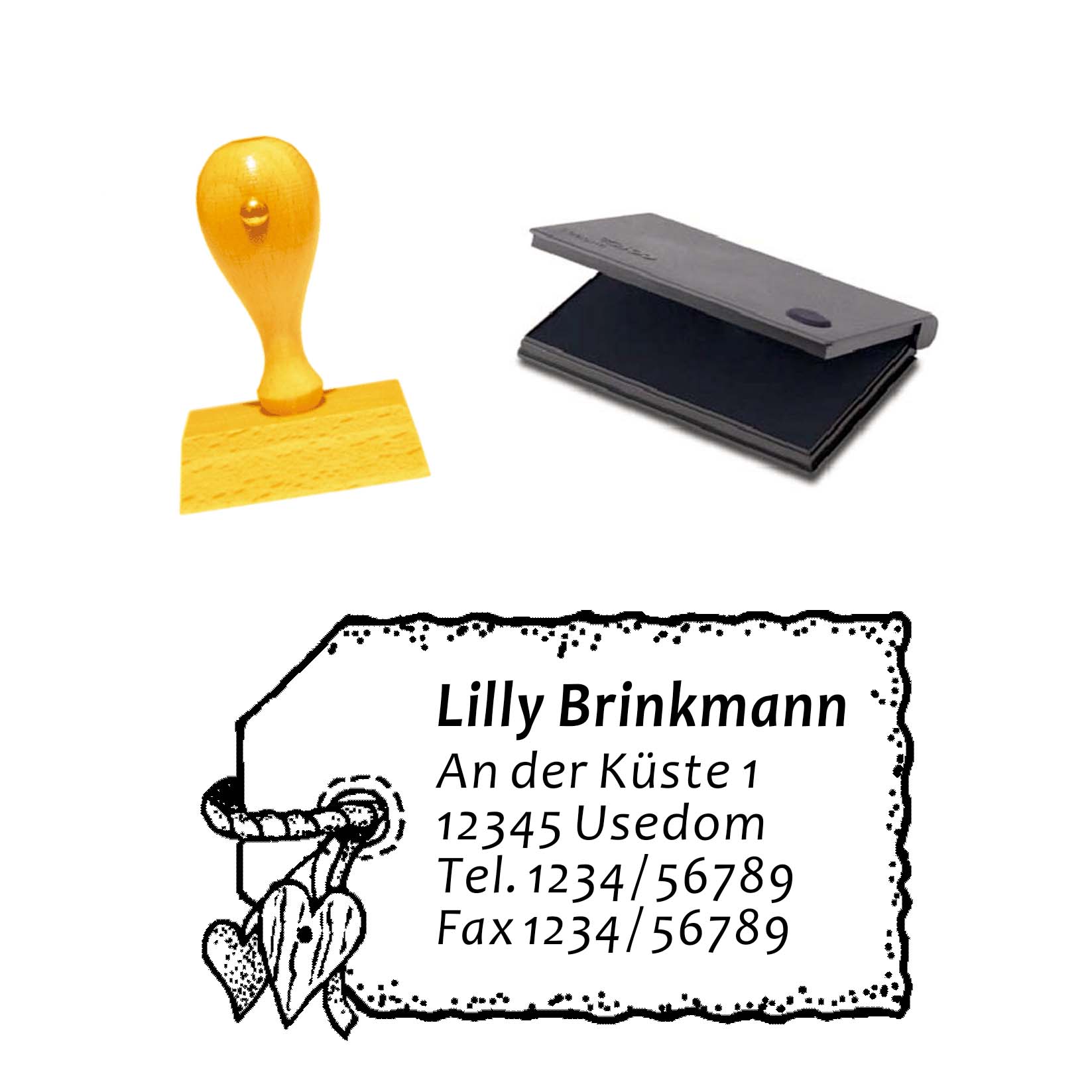 Stempel Herz Etikett - mit persönlicher Adresse und Stempelkissen