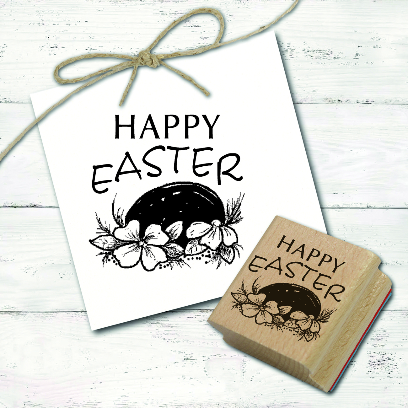Motivstempel Happy Easter - Dunkles Osterei Blumen Stempel Holzstempel 48 x 48 mm
