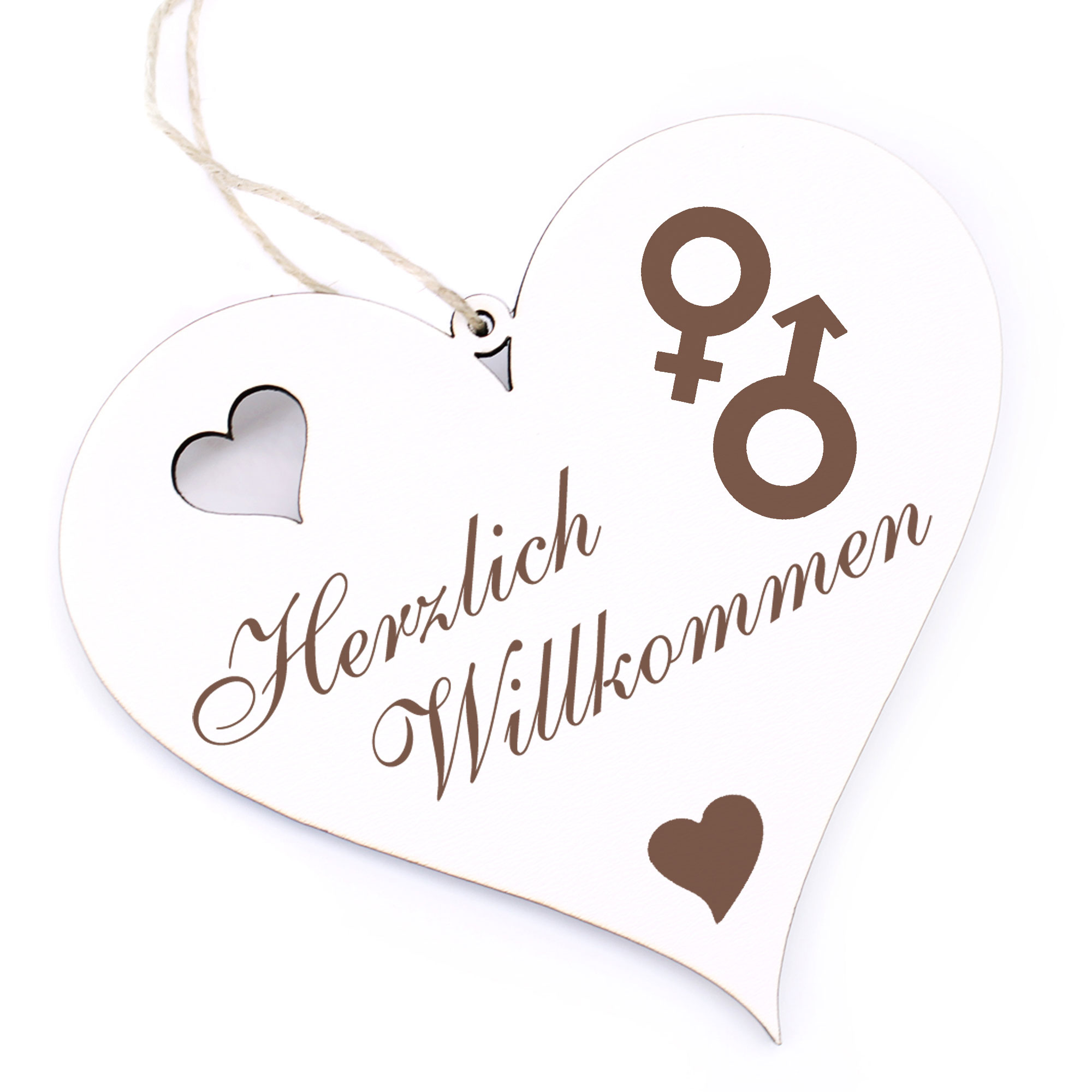 Herzlich Willkommen Schild - Mann und Frau Symbol - Deko Herz Holz