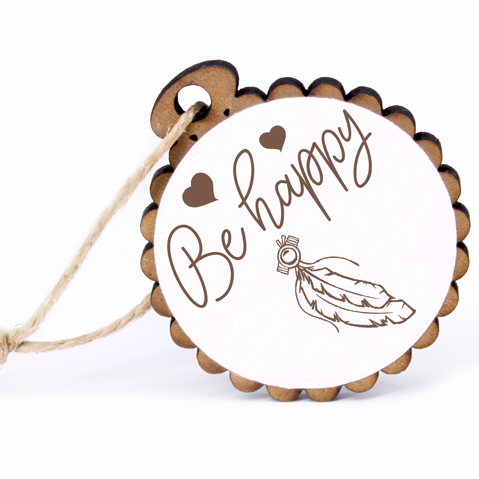 Geschenkanhänger - Be Happy Indianerfeder -  Holz Ø-5cm - mit Juteband
