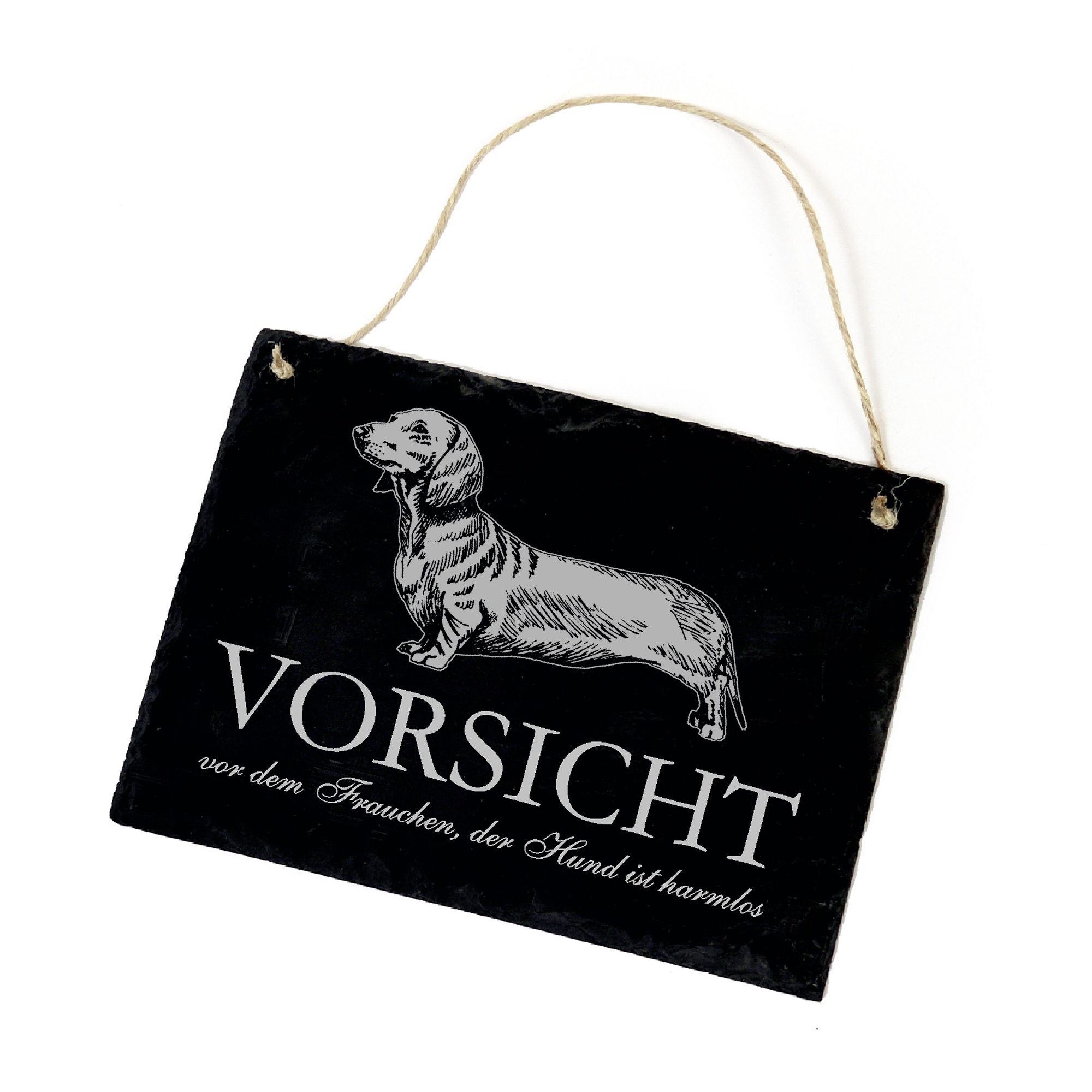 Hundeschild Dackel Dachshund Schild aus Schiefer - Vorsicht vor dem Frauchen - 22cm x 16cm