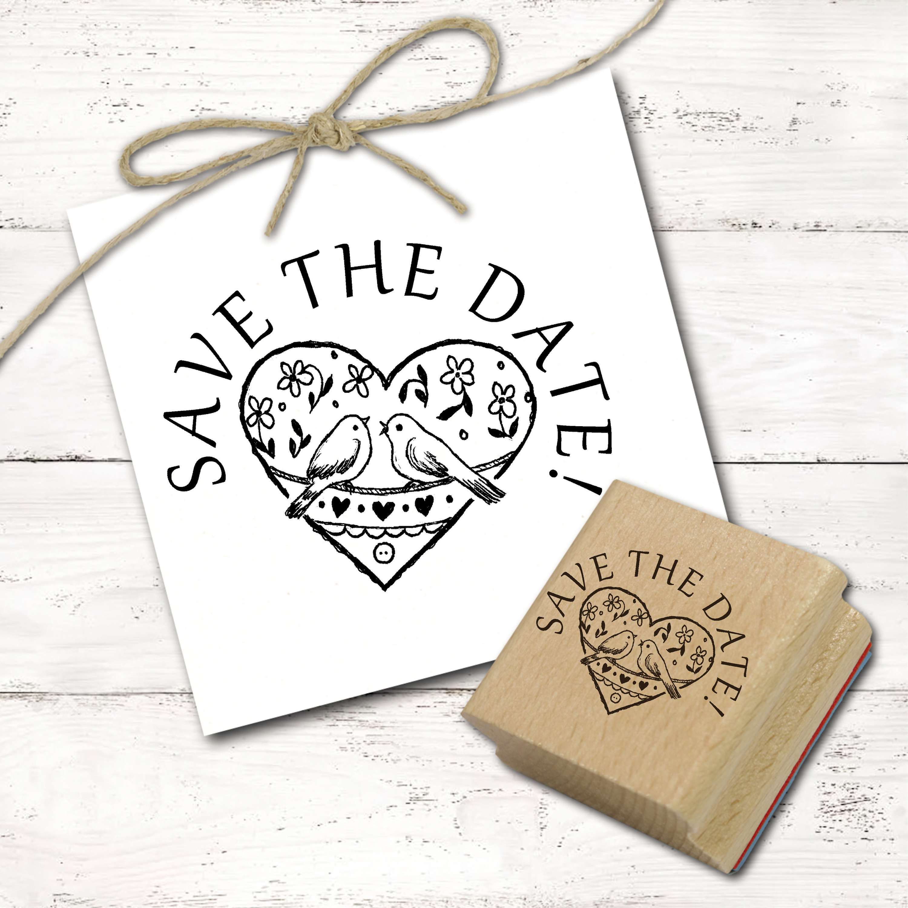 Motivstempel Save the date Vintage Herz mit Vögeln Stempel - Hochzeitsstempel Holzstempel 48mm x 38mm 