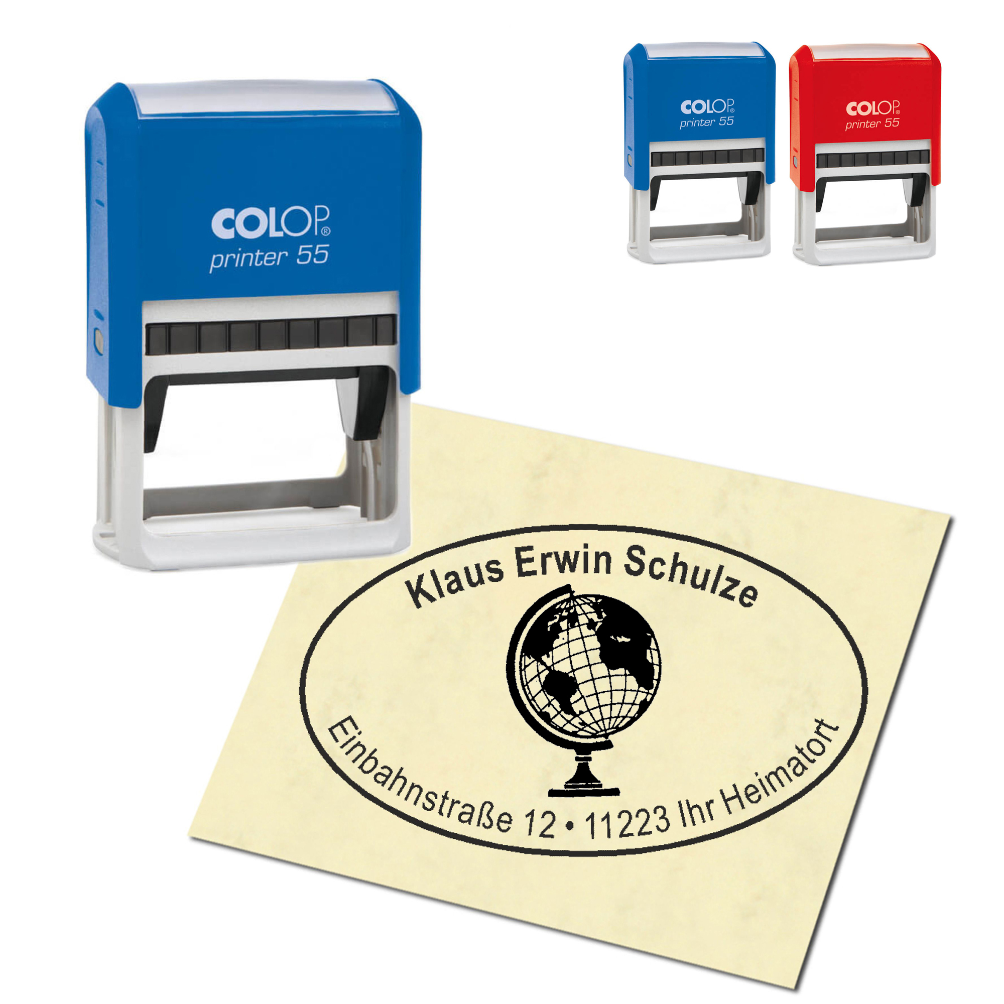 Adressstempel personalisiert Stempel - Globus - oval 59 x 39 mm