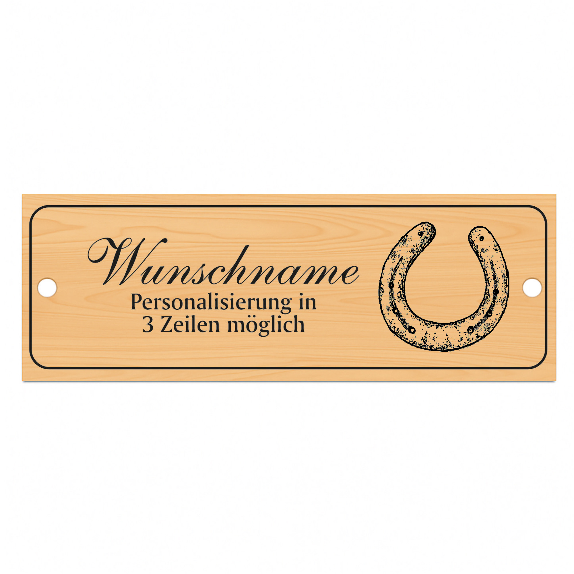 Stallschild Hufeisen personalisierbar mit Wunschtext – Stalltafel Pferdeschild Pferdebox Holzoptik - 20×7,5 cm