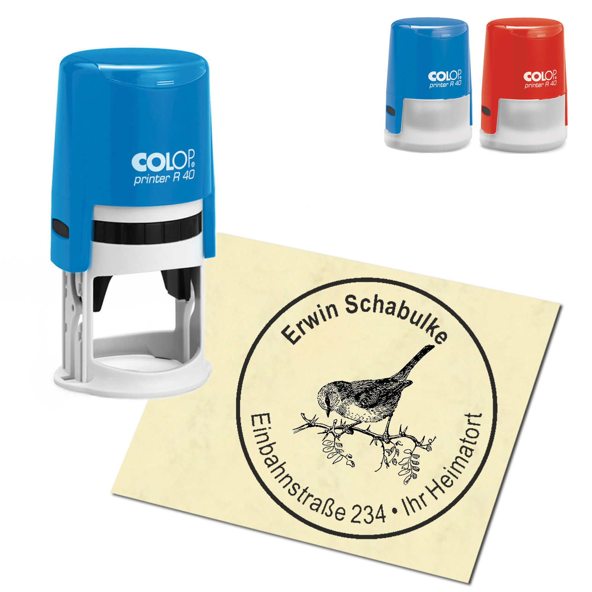 Stempel Adressstempel personalisiert - Spatz - rund &empty; 40mm