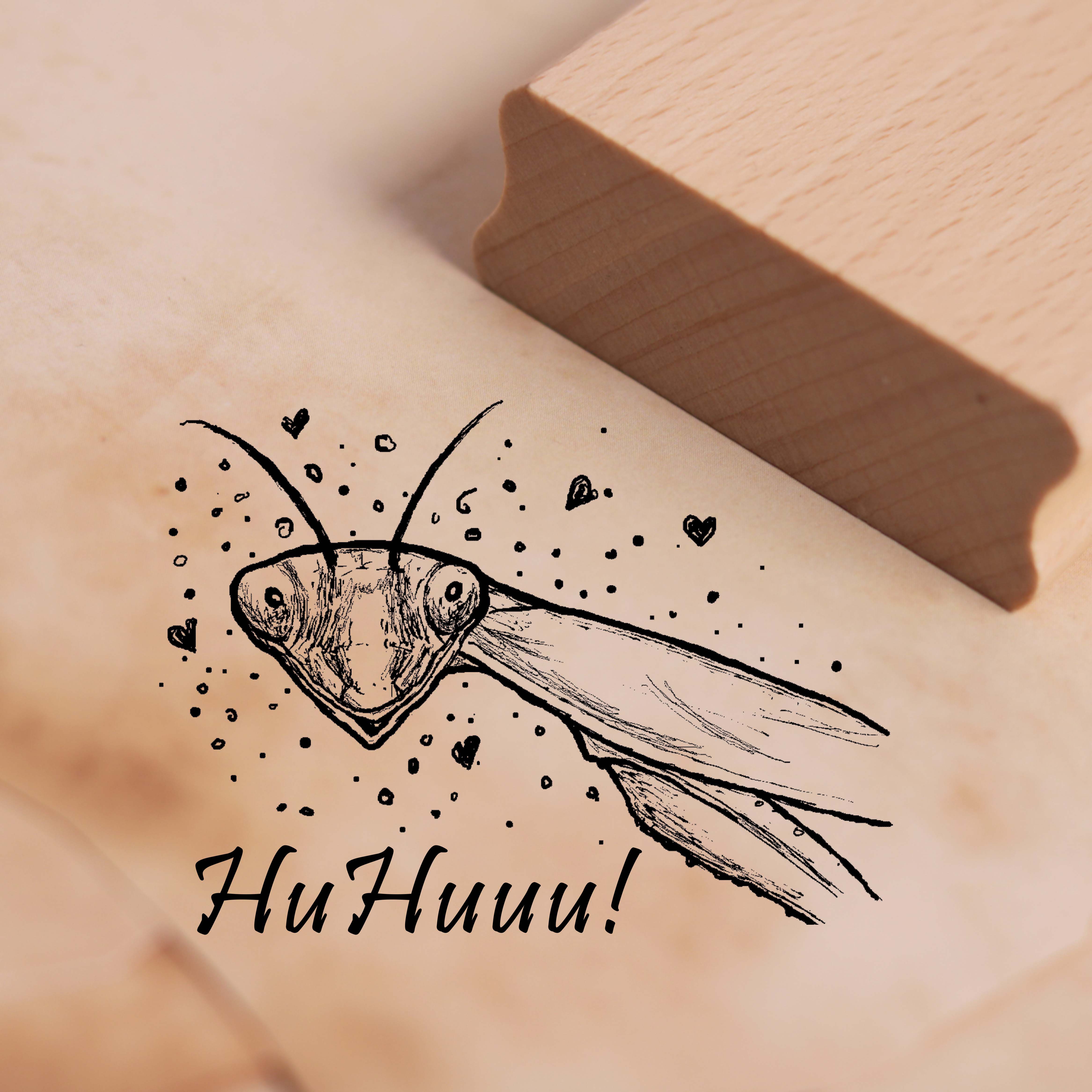 Motivstempel HuHuuu Gottesanbeterin mit Herzen - Stempel Liebe 38 x 28 mm