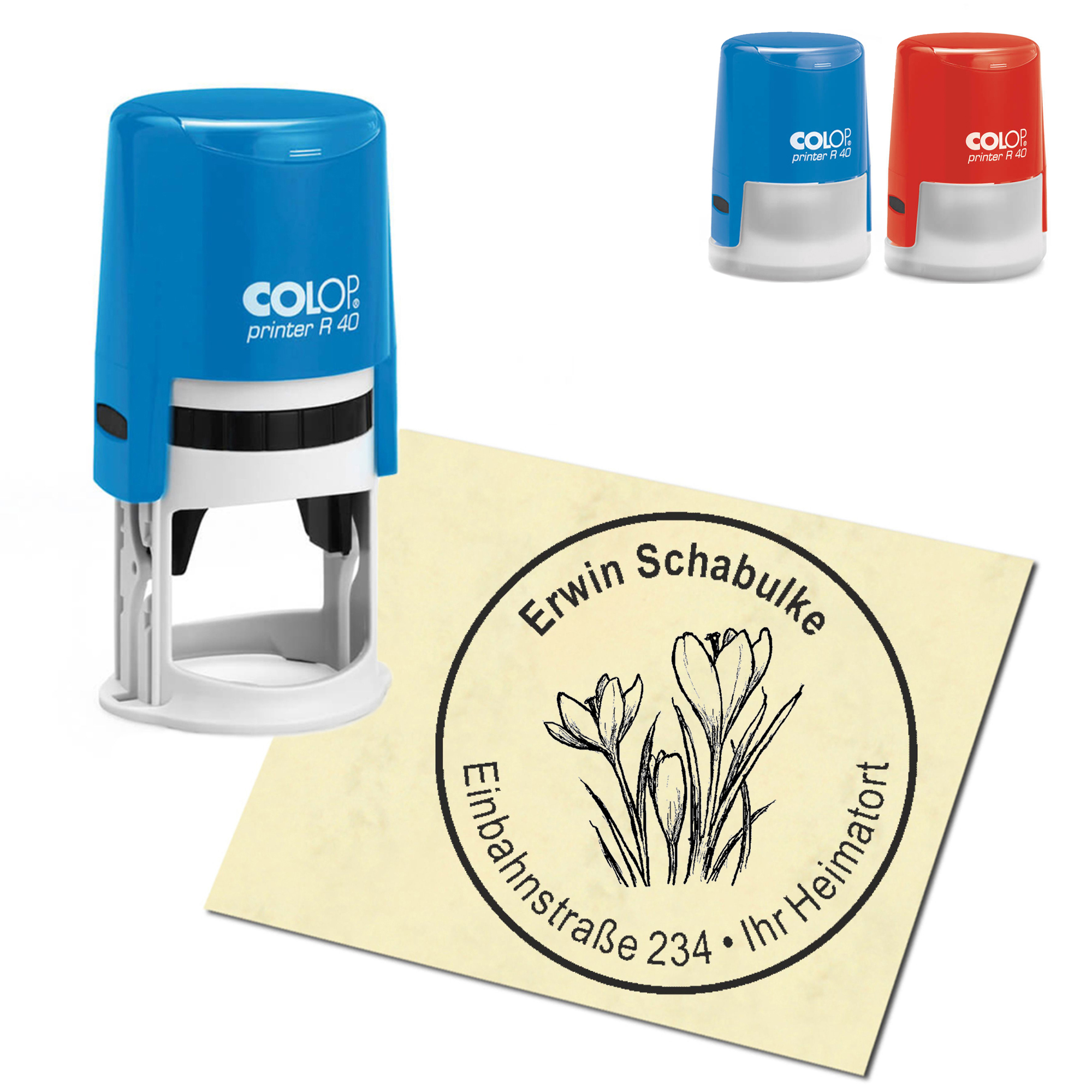 Stempel Adressstempel personalisiert - zwei Krokus - rund &empty; 40mm