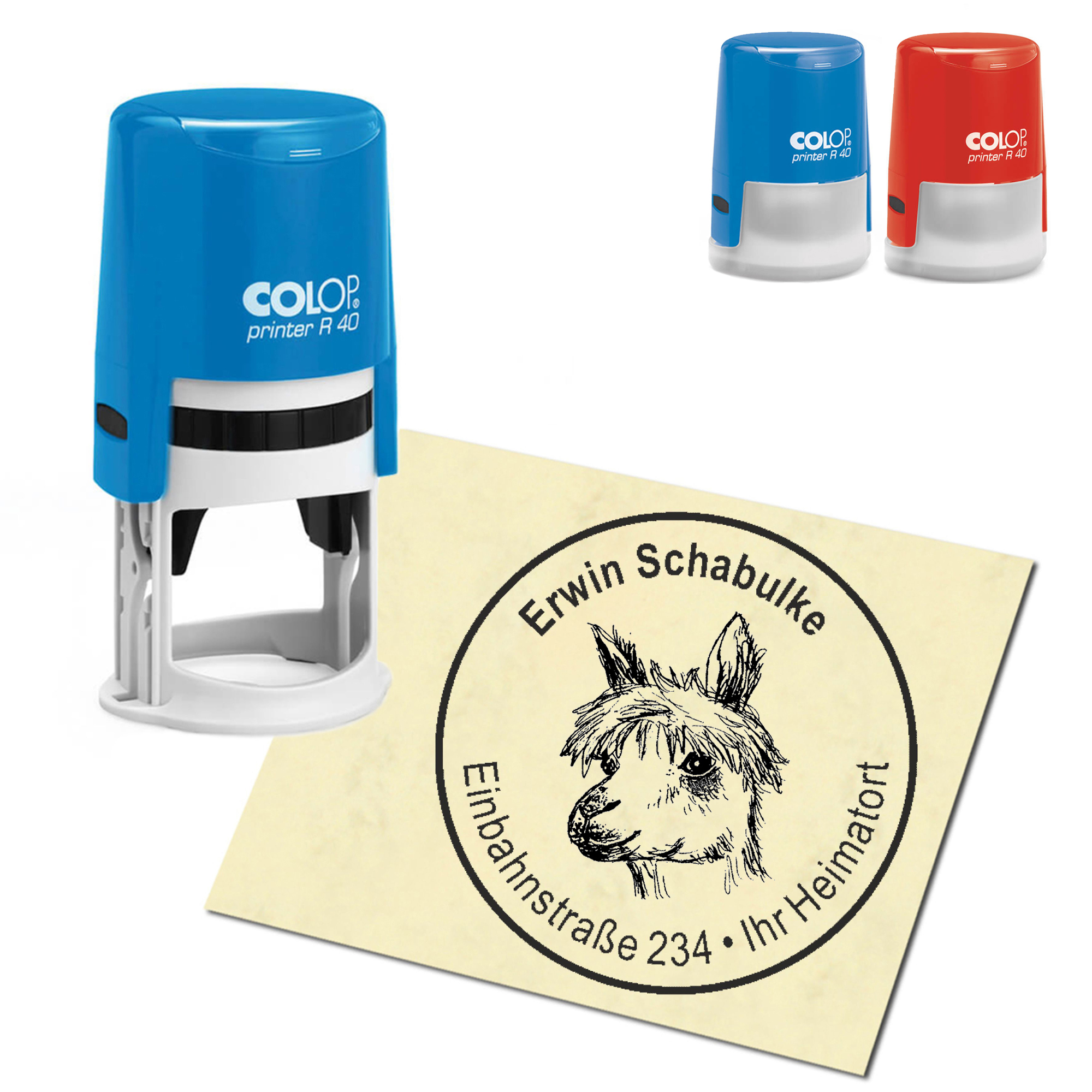 Stempel Adressstempel personalisiert - Alpaka Kopf Lama - rund &empty; 40mm
