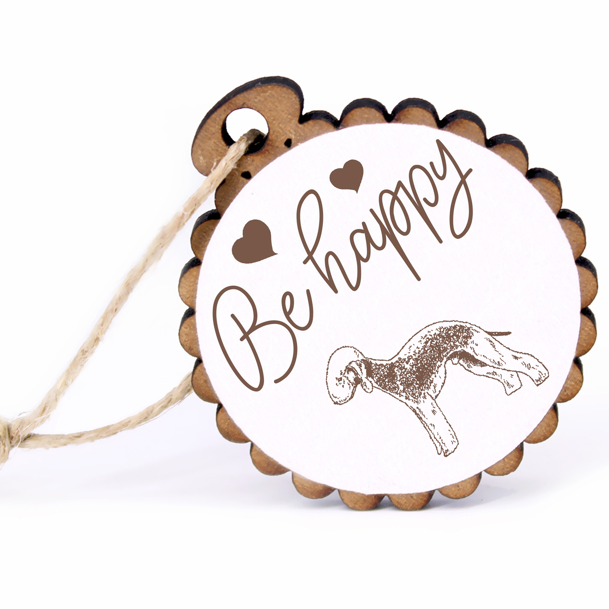 Geschenkanhänger - Be Happy Bedlington Terrier -  Holz Ø-5cm - mit Juteband