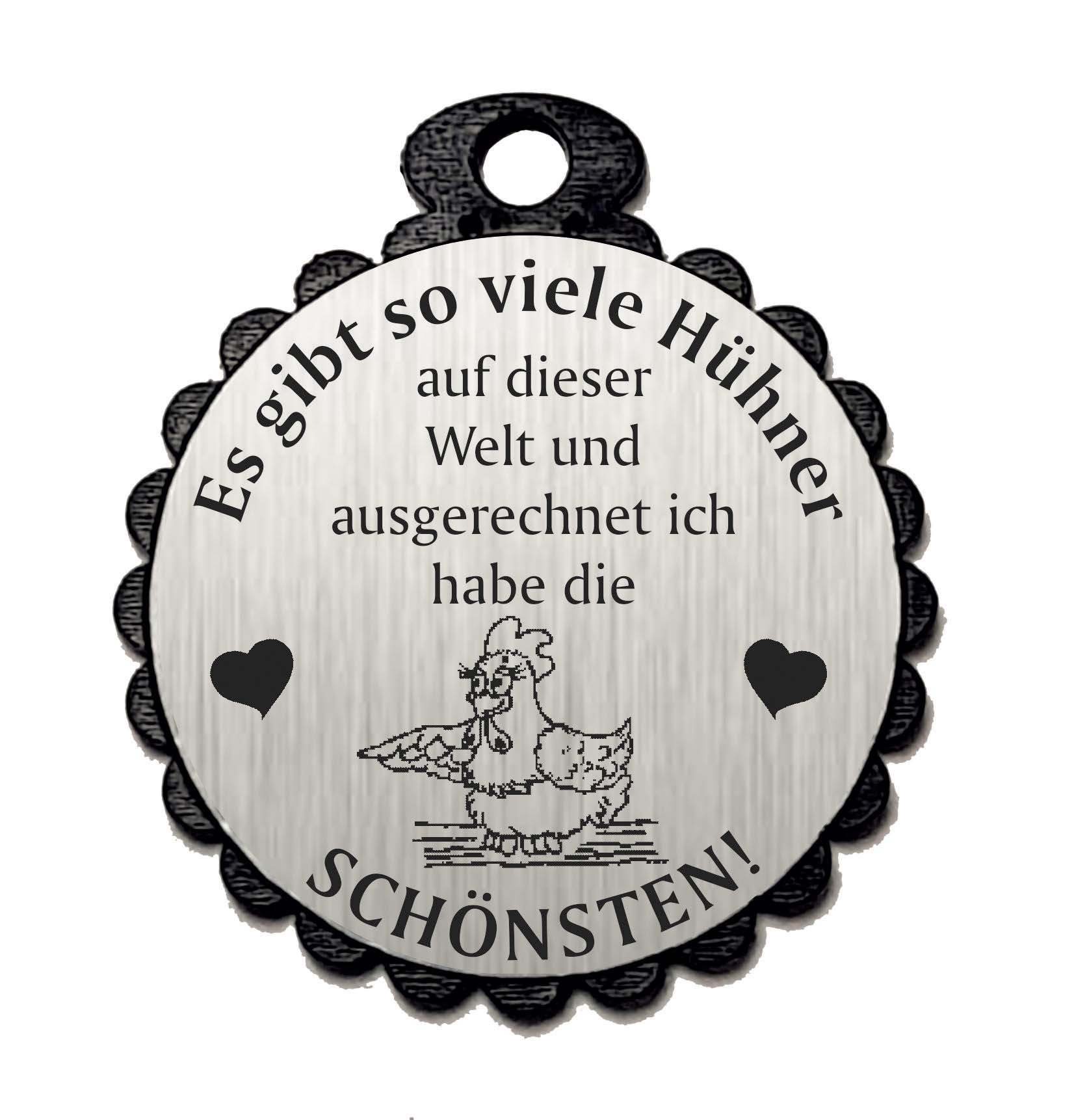 Runder Anhänger « DIE SCHÖNSTEN HÜHNER 02 » mit Motiv HUHN - Aluminium Look - silber