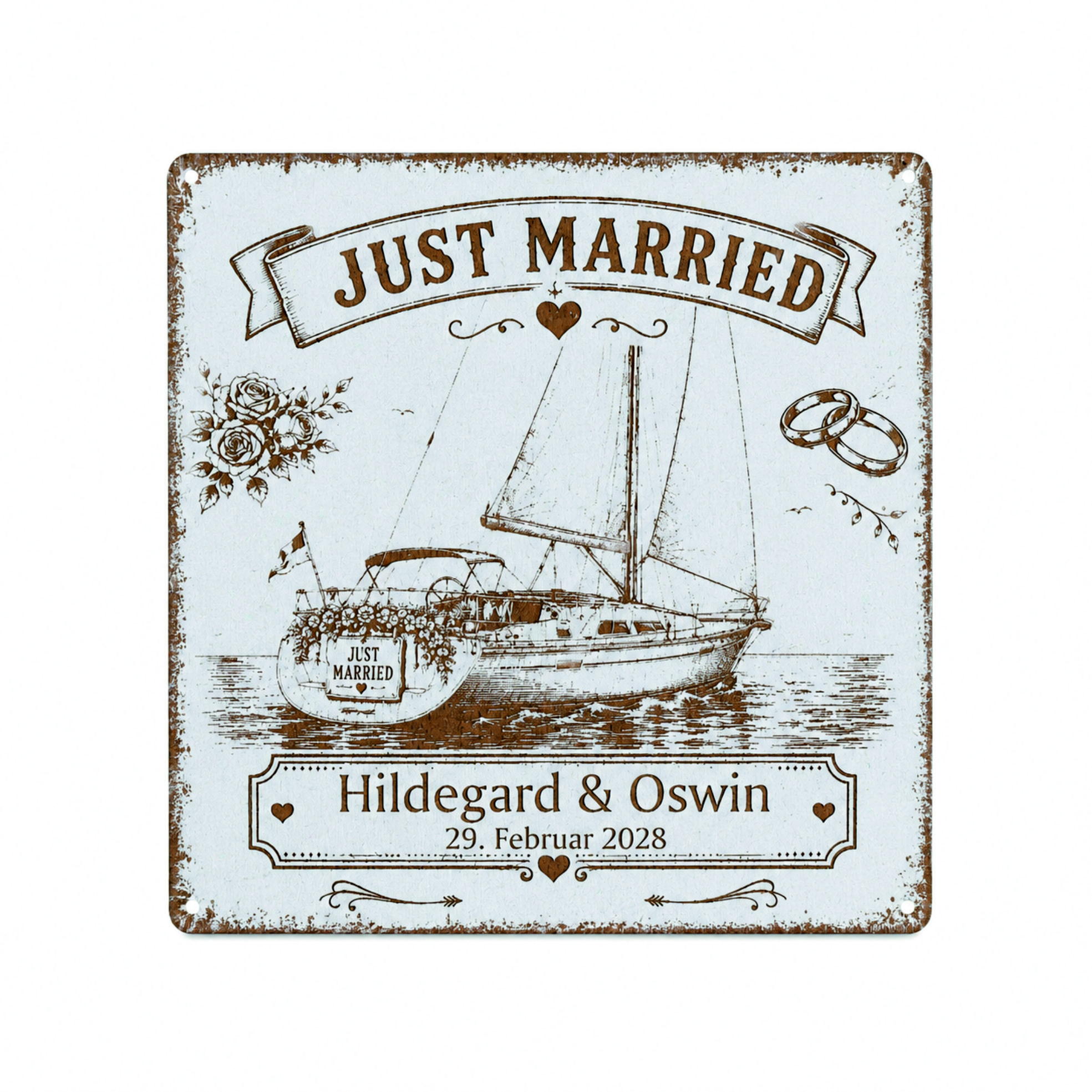 Personalisiertes Hochzeitsschild Segelyacht Just Married - mit Namen und Datum - 15x15 cm