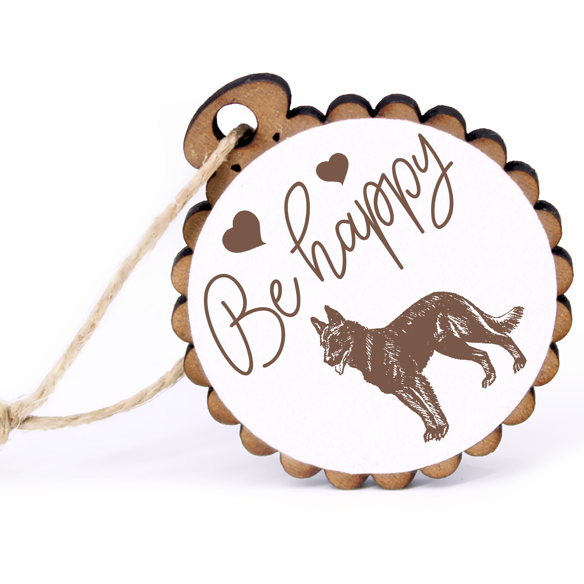 Geschenkanhänger - Be Happy belgischer Schäferhund -  Holz Ø-5cm - mit Juteband