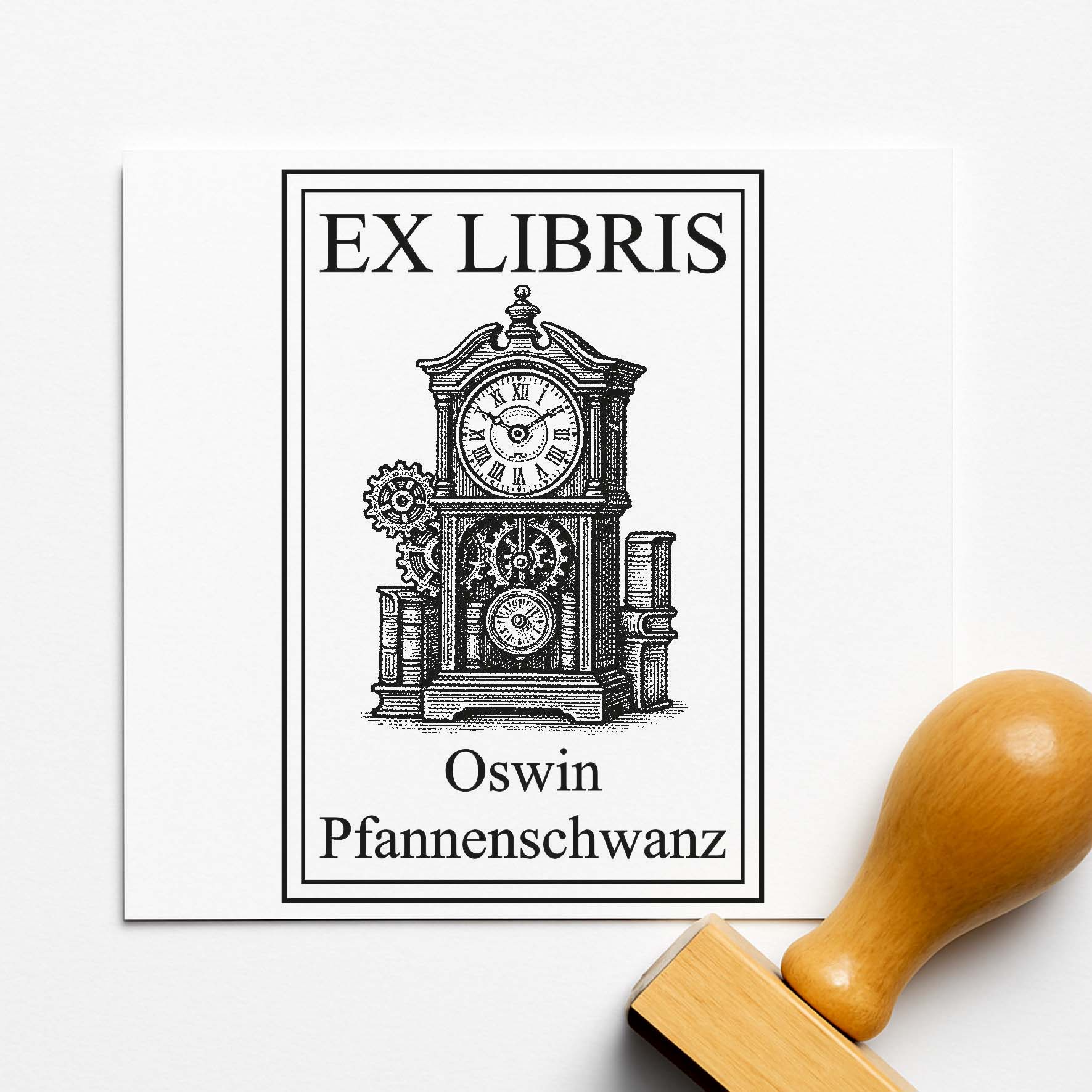 Ex Libris Stempel personalisiert mit Namen Motiv Alte Vintage Uhr - Bücherstempel individuell - 40 x 60 mm