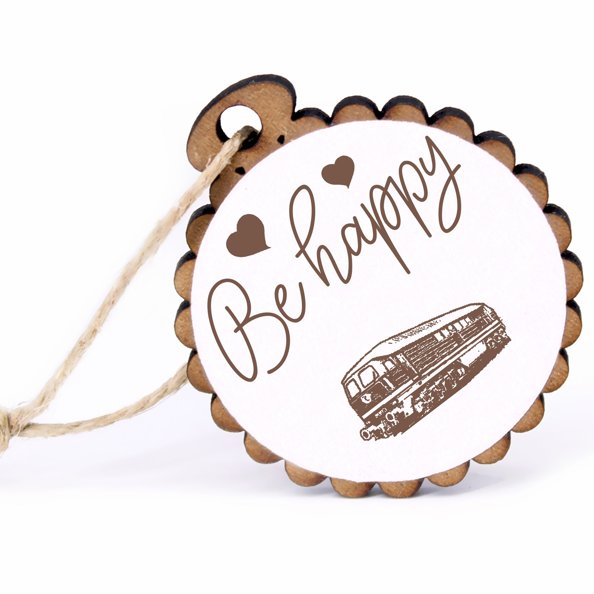 Geschenkanhänger - Be Happy Eisenbahn -  Holz Ø-5cm - mit Juteband