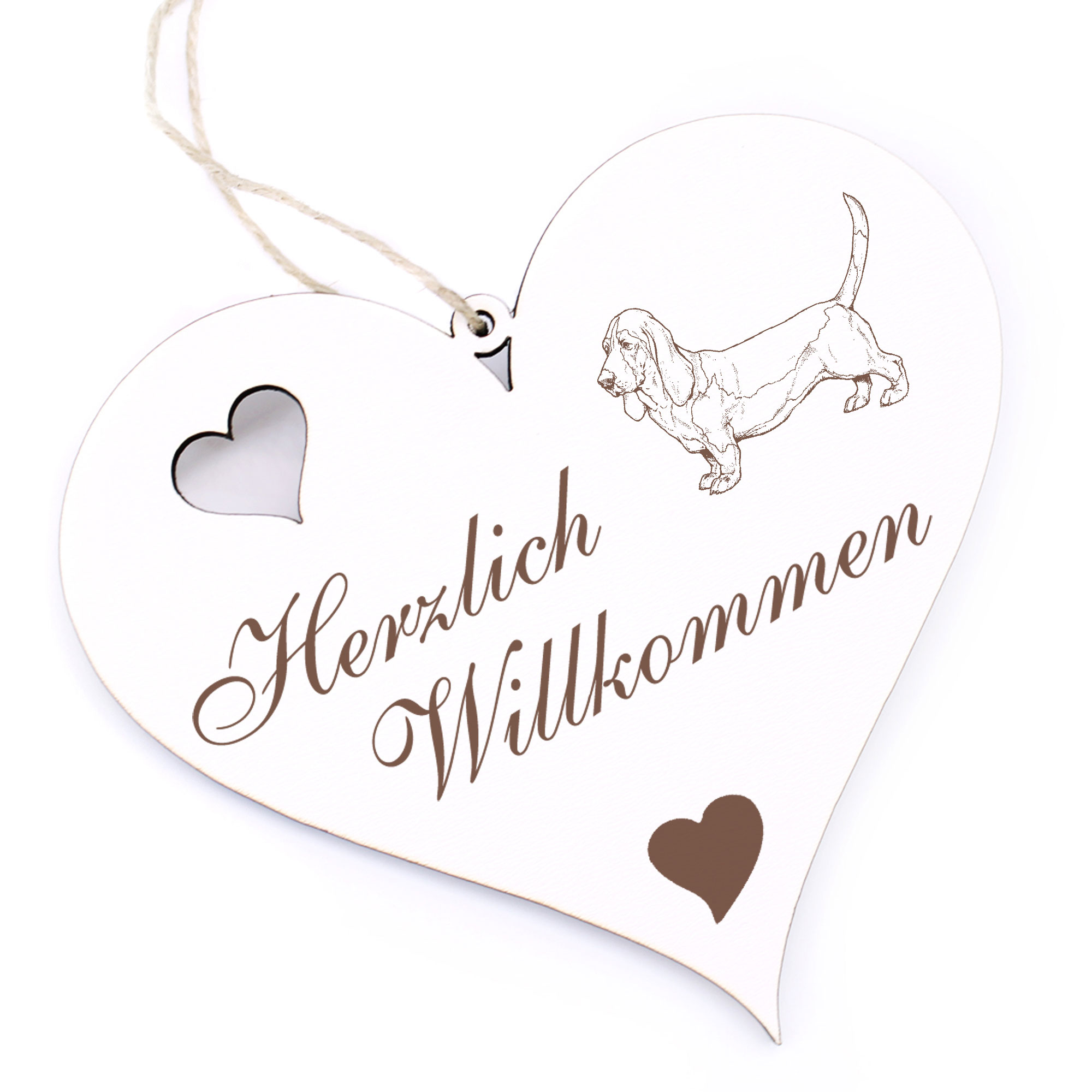 Herzlich Willkommen Schild - Basset Hound - Deko Herz Holz