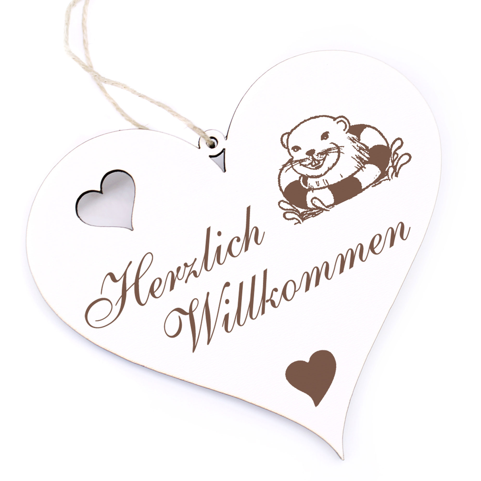 Herzlich Willkommen Schild - Robbenkopf mit Schwimmreifen - Deko Herz Holz