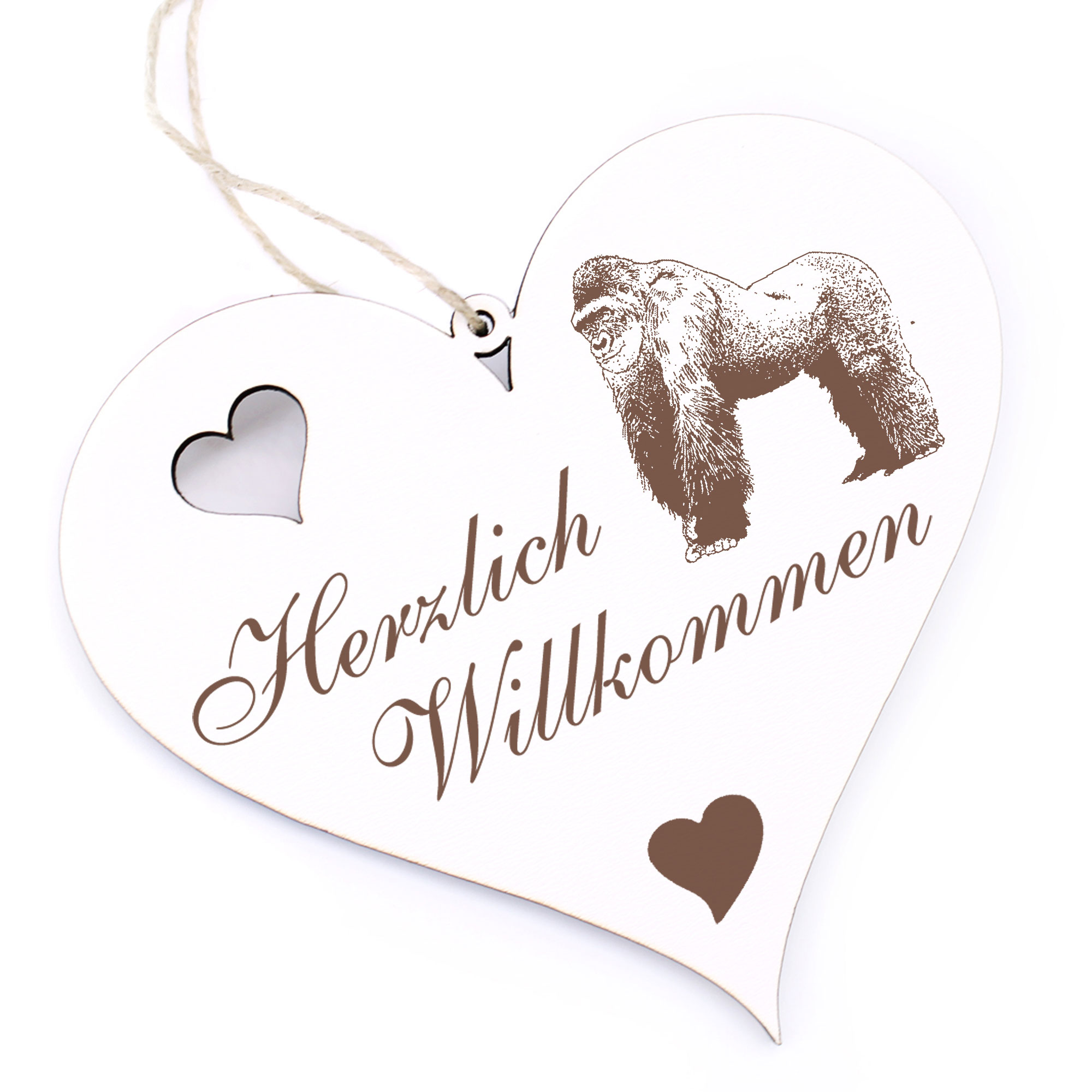 Herzlich Willkommen Schild - Gorilla - Deko Herz Holz