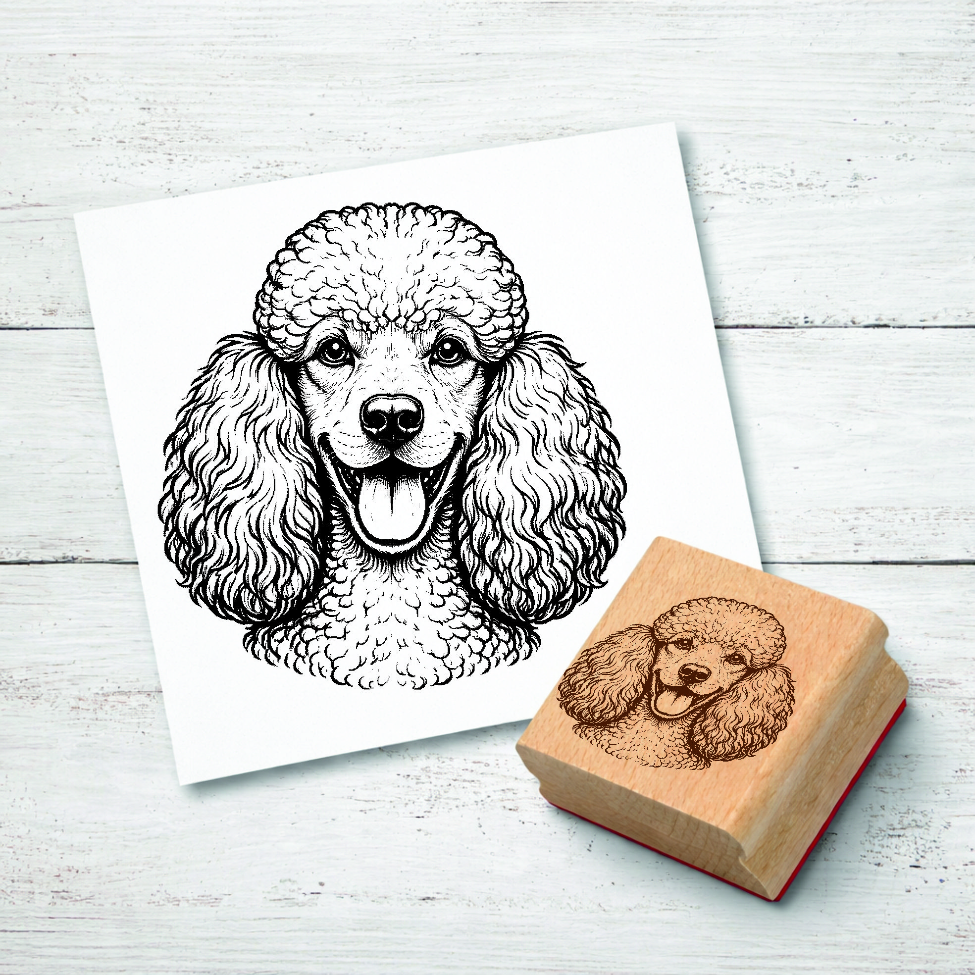 Motivstempel Pudel Hund - Stempel mit Hundemotiv - Holzstempel Abdruck 46 x 48 mm