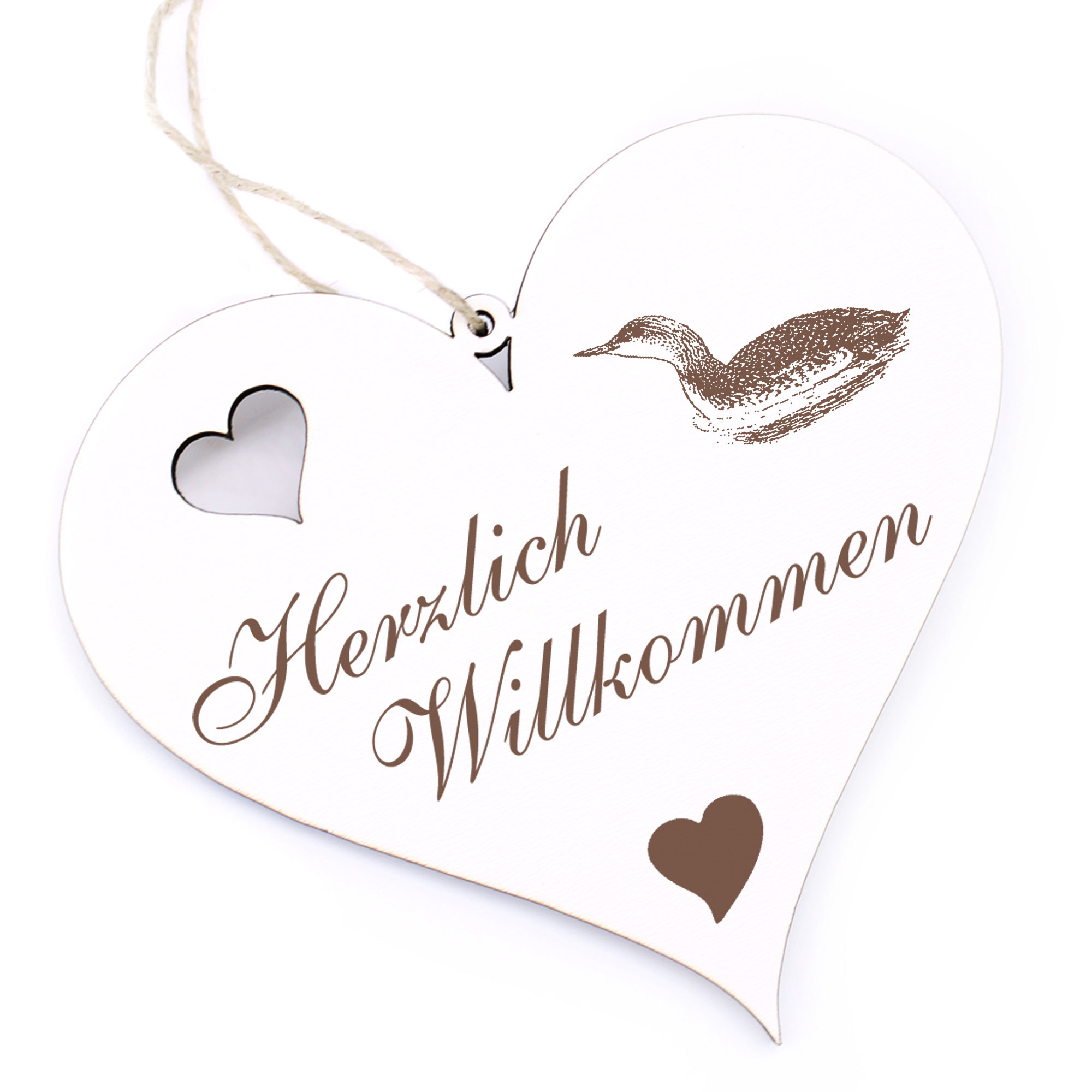 Herzlich Willkommen Schild - Haubentaucher - Deko Herz Holz