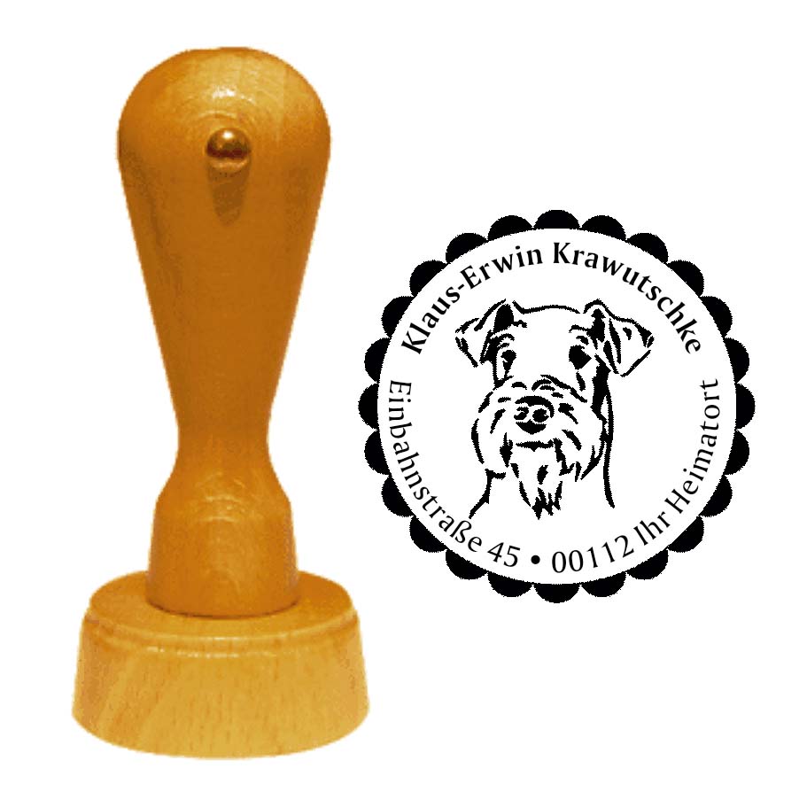 Adressstempel Airedale Terrier -  Holzstempel personalisiert mit Adresse - Ø 40 mm