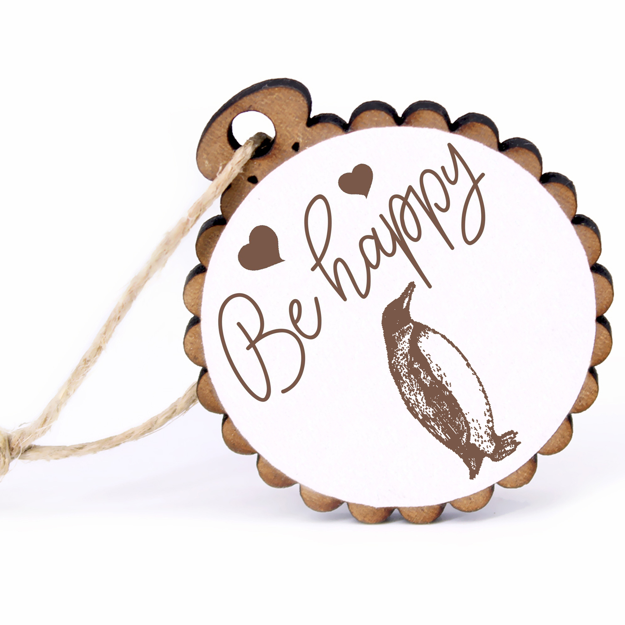 Geschenkanhänger - Be Happy Pinguin Königspinguin -  Holz Ø-5cm - mit Juteband