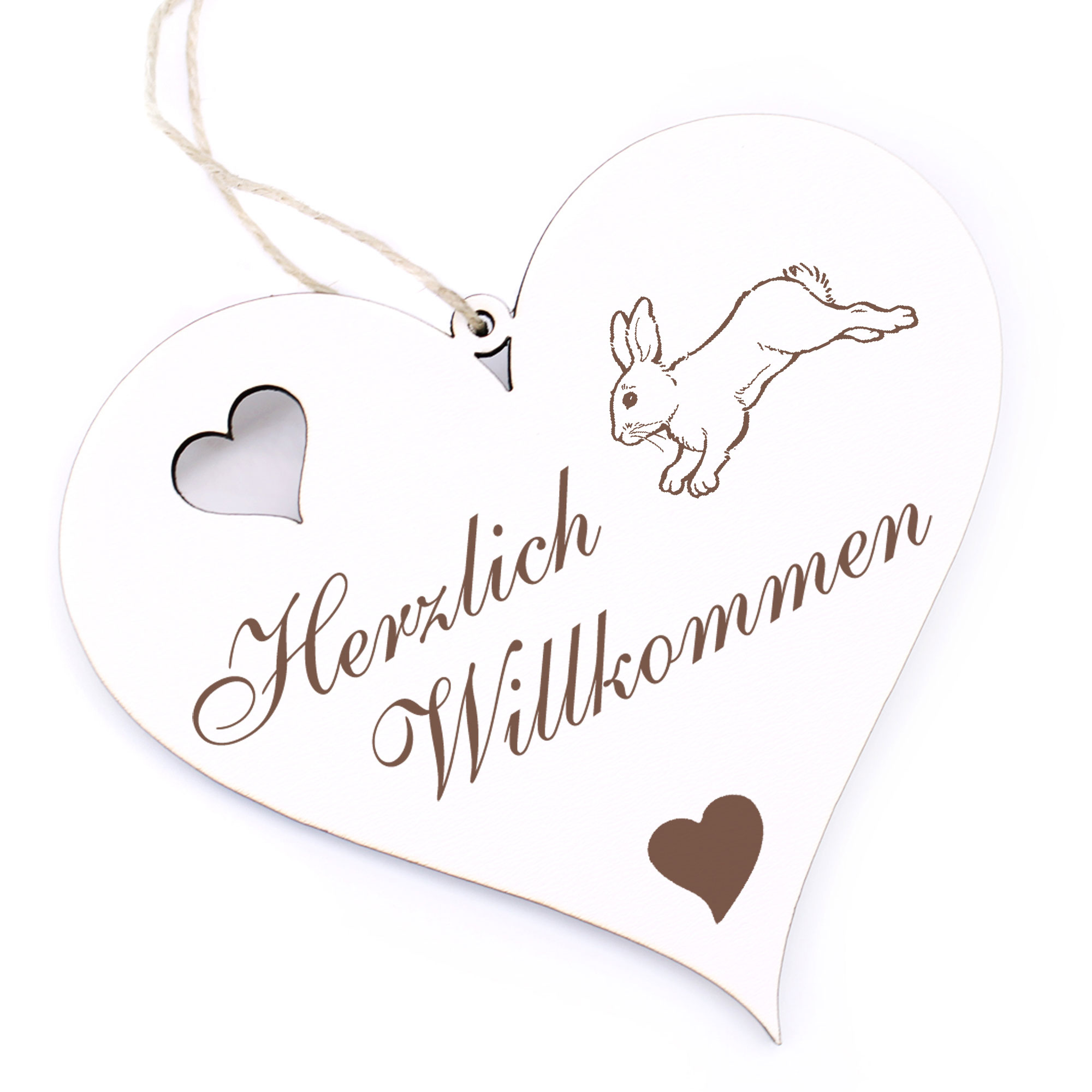 Herzlich Willkommen Schild - springender Hase - Deko Herz Holz