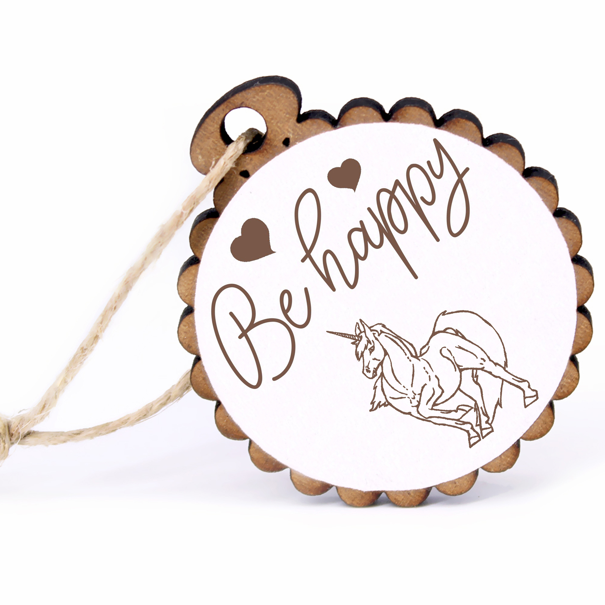 Geschenkanhänger - Be Happy Einhorn -  Holz Ø-5cm - mit Juteband