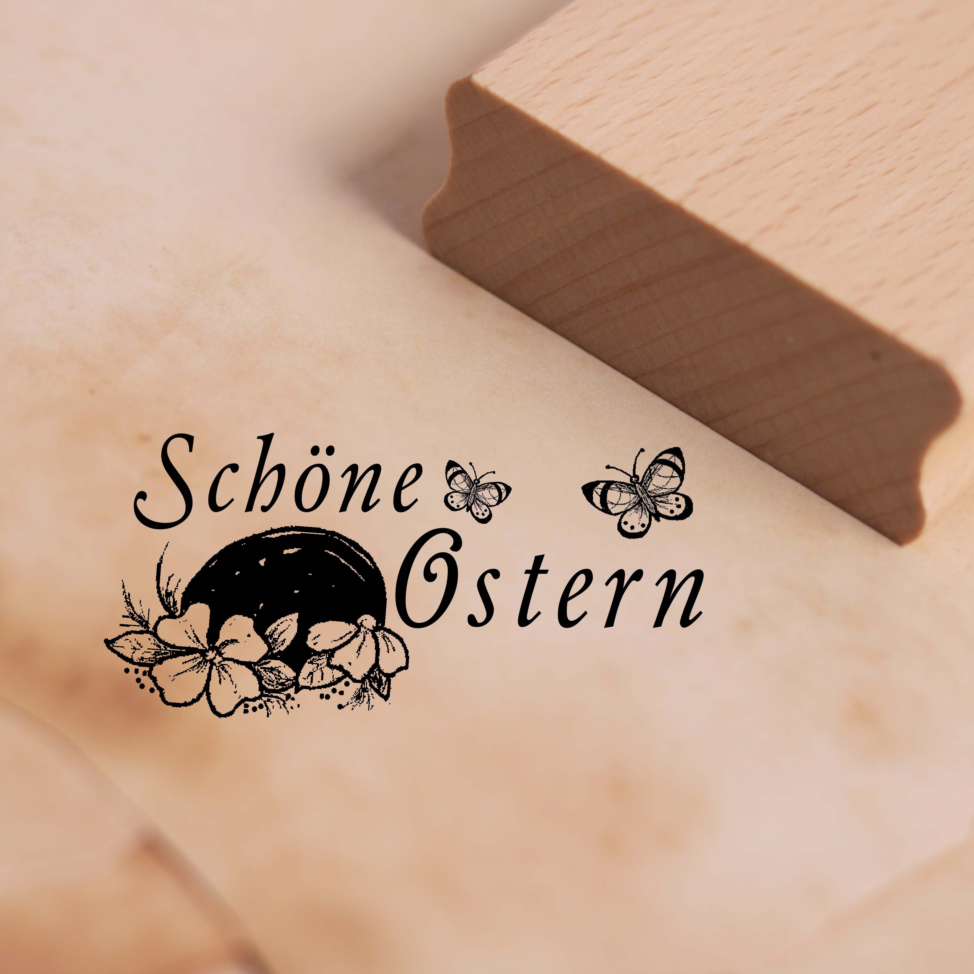 Motivstempel Schöne Ostern - Osterei und Schmetterlinge Stempel Holzstempel 58 x 28 mm
