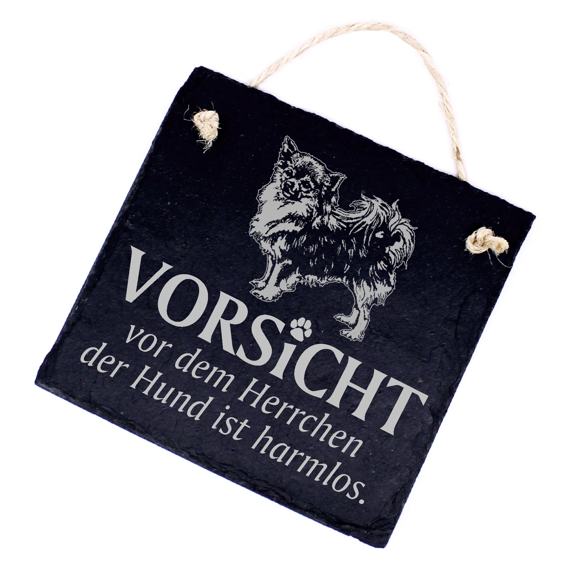 Hundeschild Chihuahua Langhaar Schild aus Schiefer - Vorsicht vor dem Herrchen - 11cm x 11cm