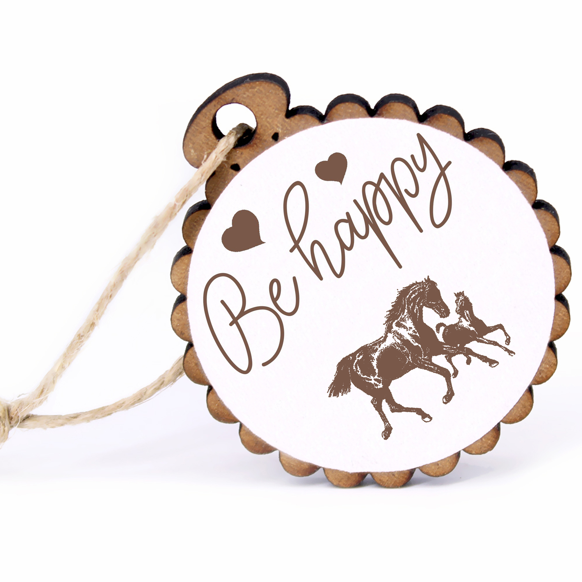 Geschenkanhänger - Be Happy Pferde mit Fohlen -  Holz Ø-5cm - mit Juteband