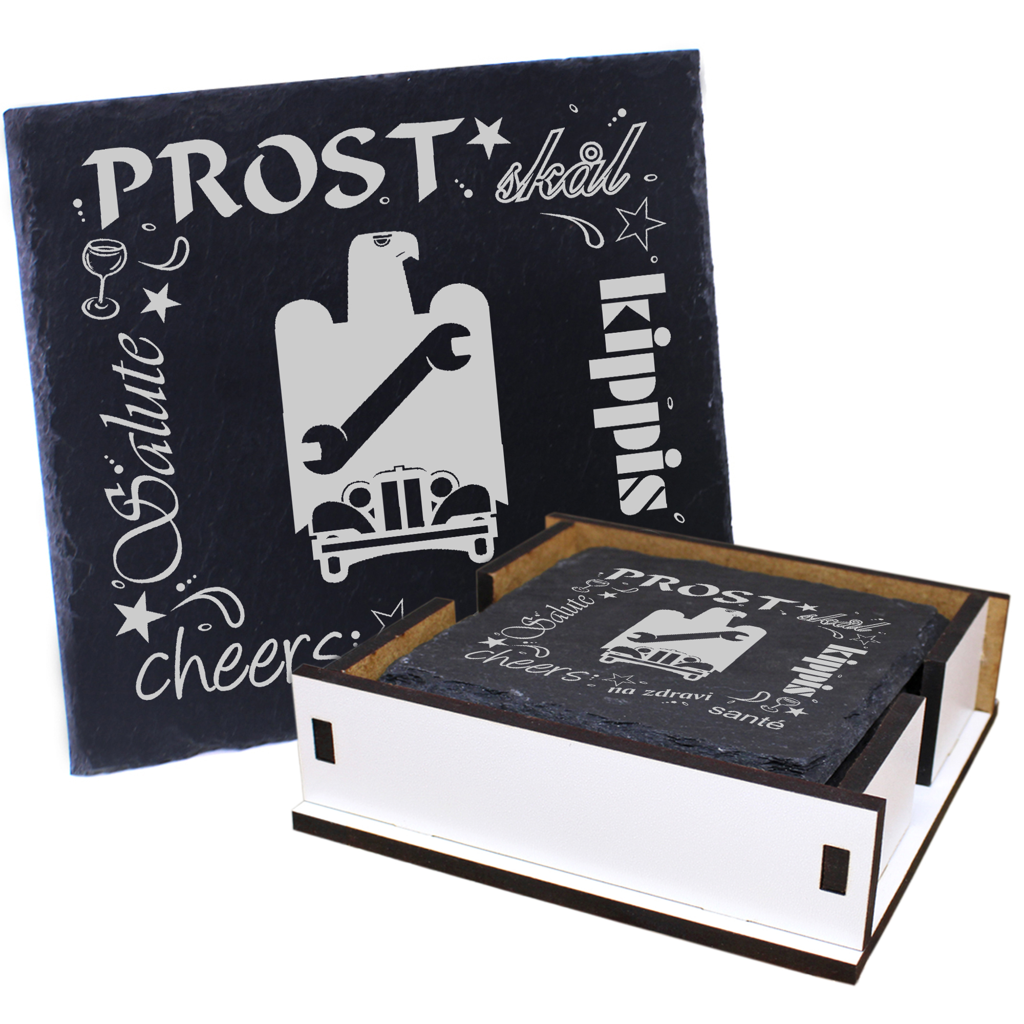 5 x Schiefer Untersetzer - Prost Mechaniker - inkl. Holzbox & Flaschenuntersetzer