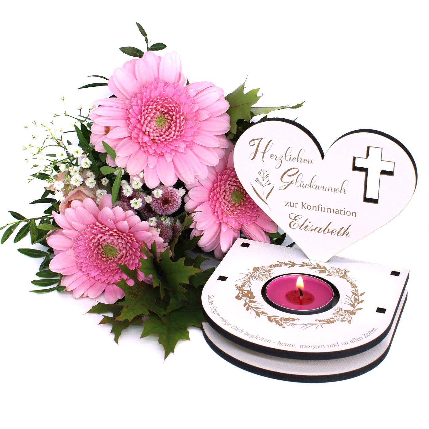 Teelichthalter Konfirmation mit Spruch Gottes Segen und Wunschnamen - mit Rosen und Kreuz Motiv