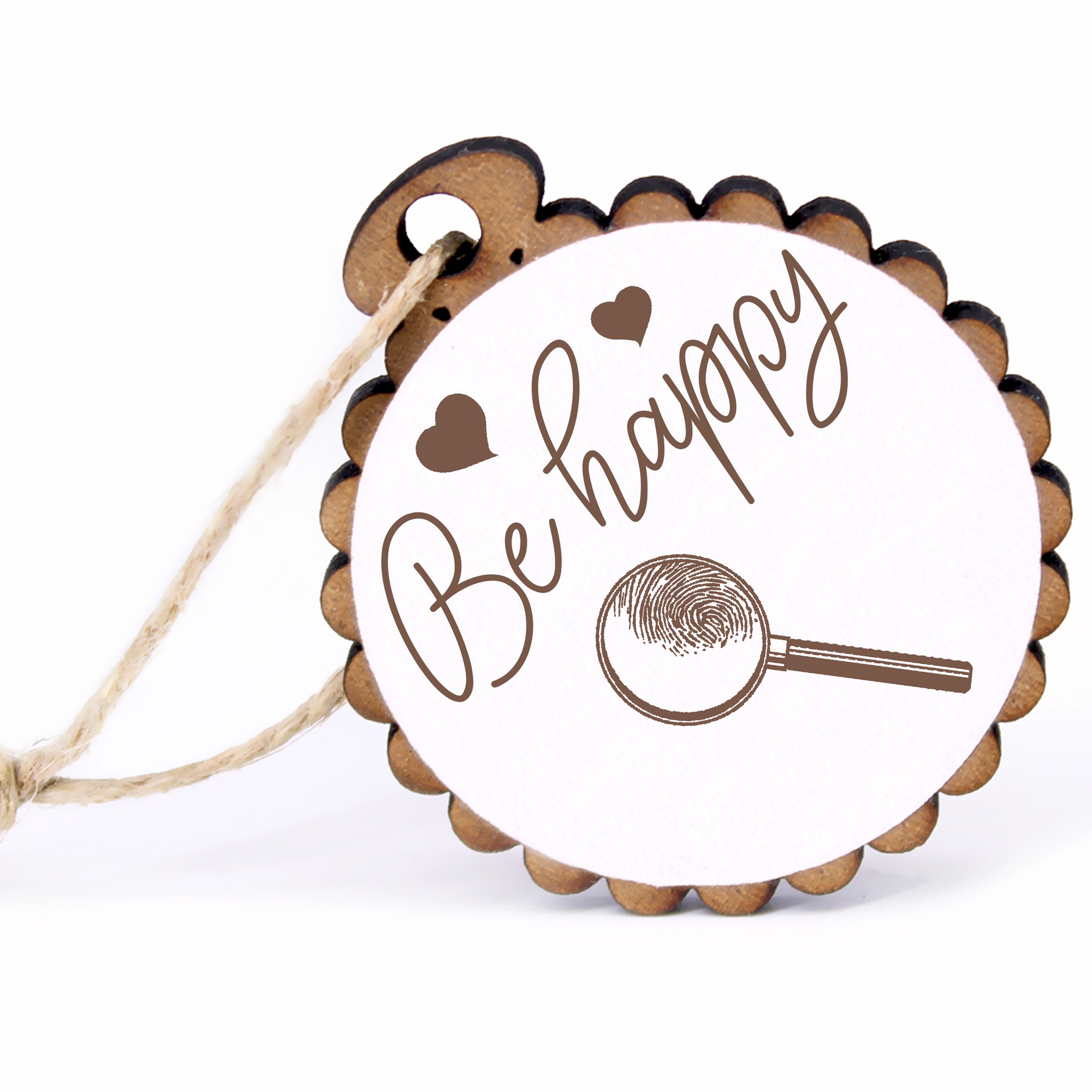 Geschenkanhänger - Be Happy Lupe -  Holz Ø-5cm - mit Juteband