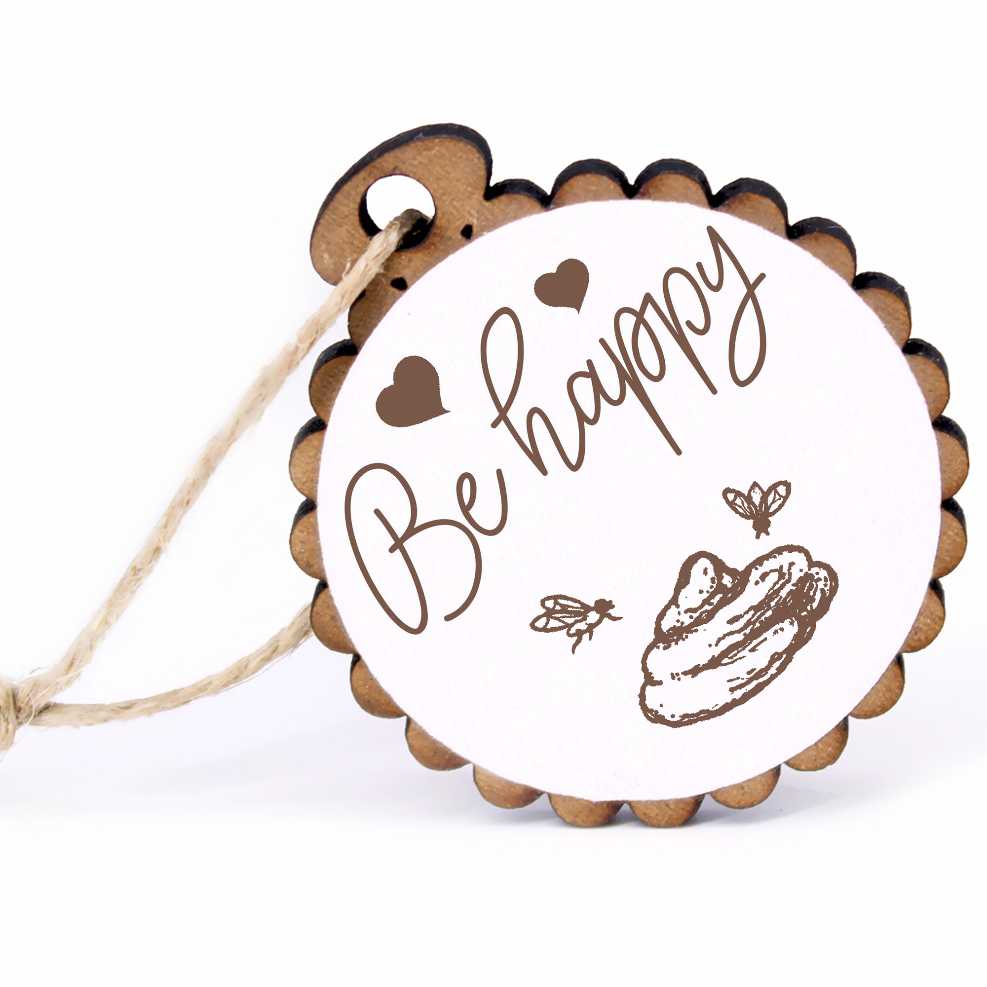 Geschenkanhänger - Be Happy Scheiße -  Holz Ø-5cm - mit Juteband