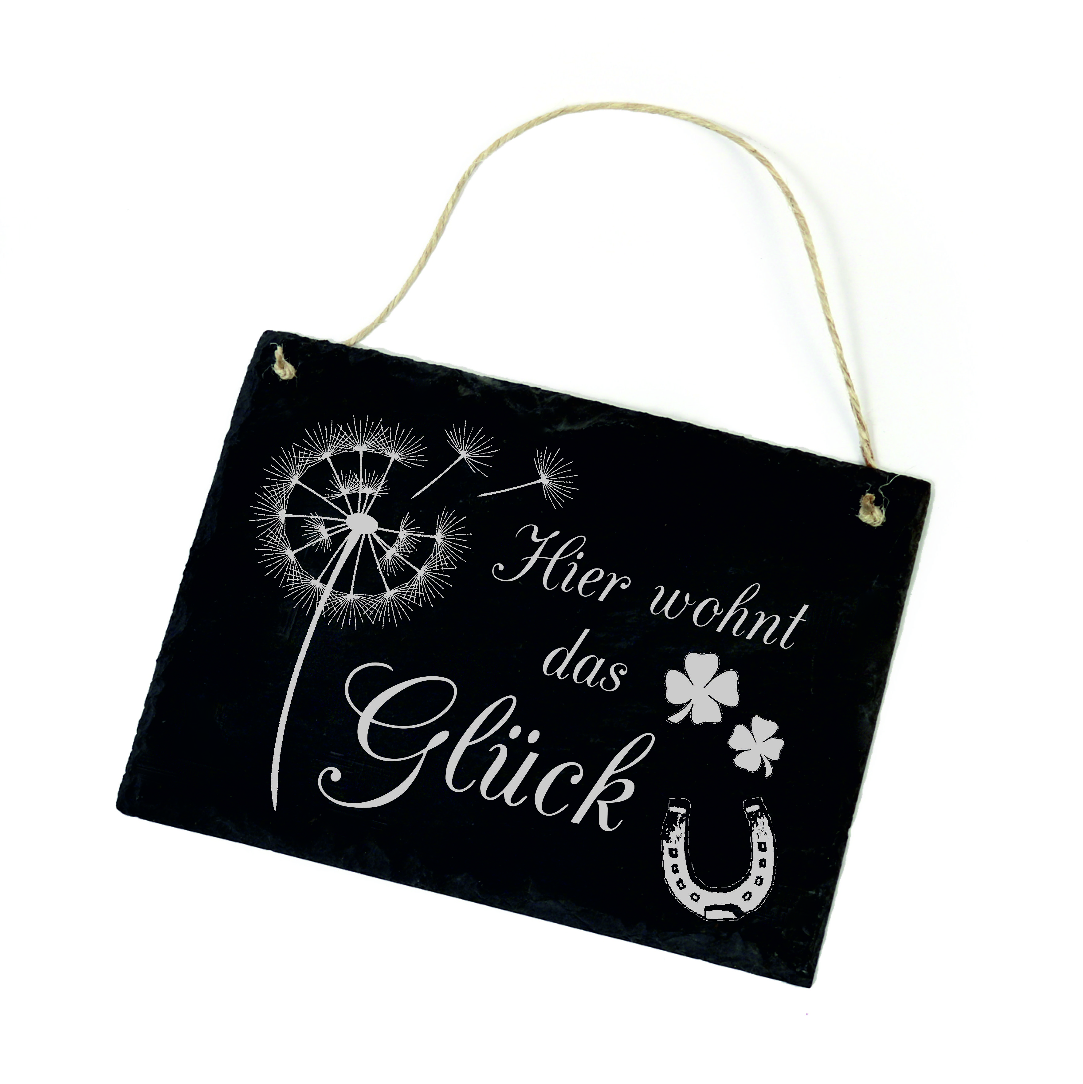 Schiefertafel « Hier wohnt das Glück » Schild Pusteblume Hufeisen Kleeblatt - 22x16