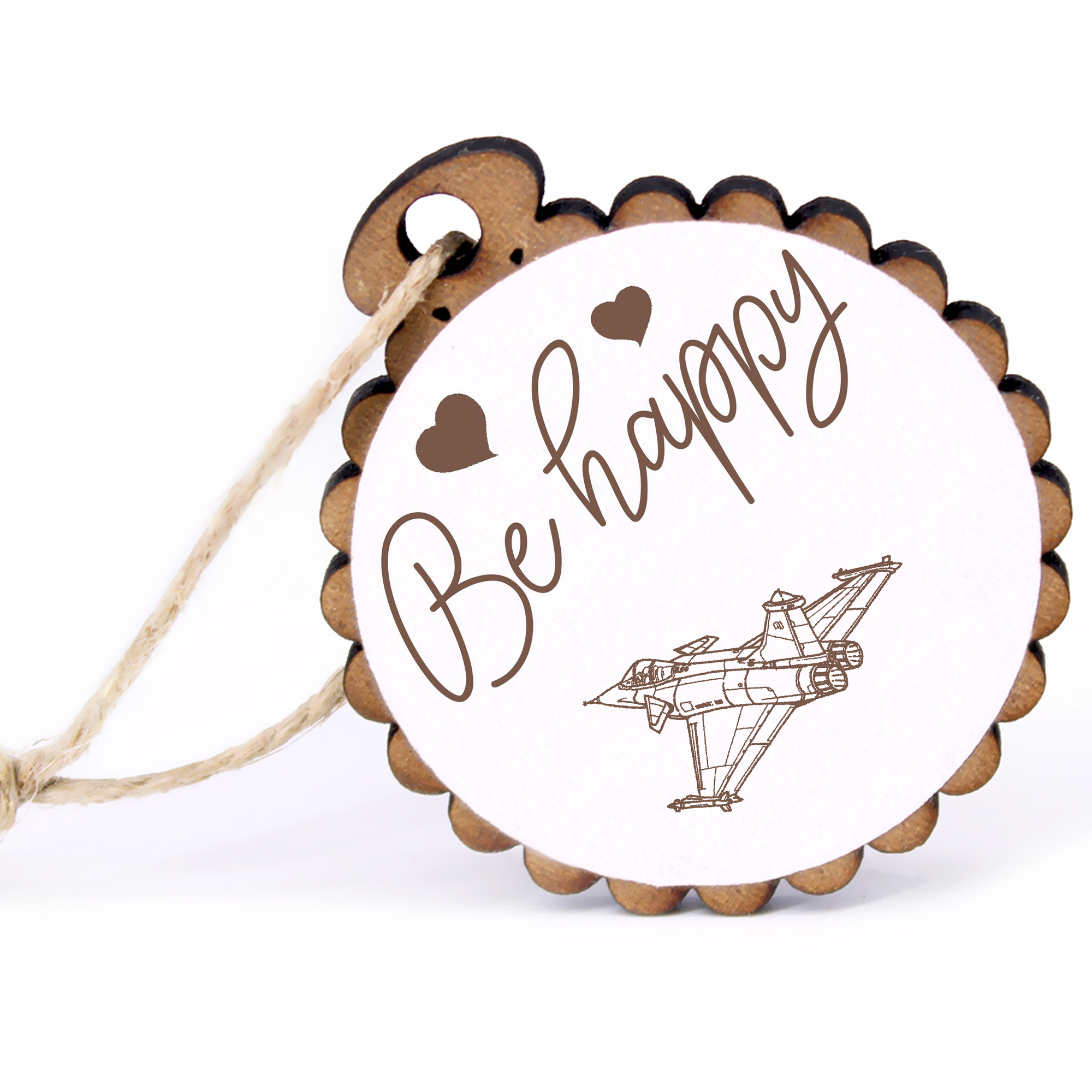 Geschenkanhänger - Be Happy Düsenjet -  Holz Ø-5cm - mit Juteband