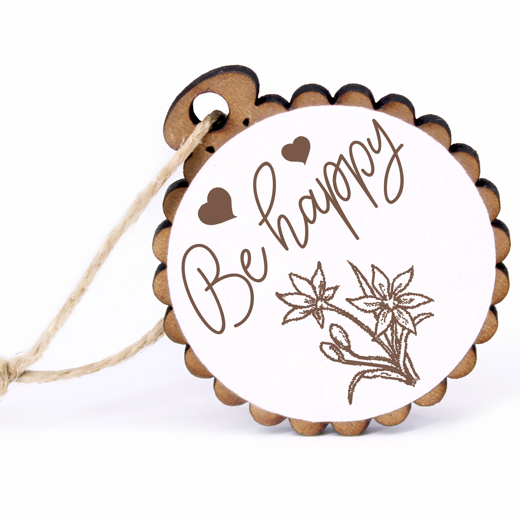 Geschenkanhänger - Be Happy goldiger Milchstern -  Holz Ø-5cm - mit Juteband