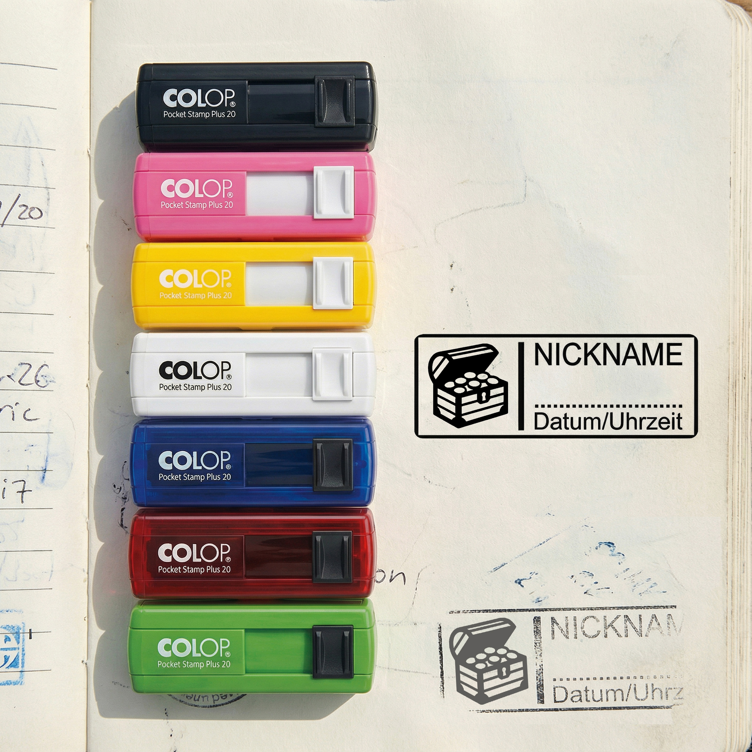 Geocachingstempel Schatzkiste 35x13 mm – personalisierter Taschenstempel – für Geocaching