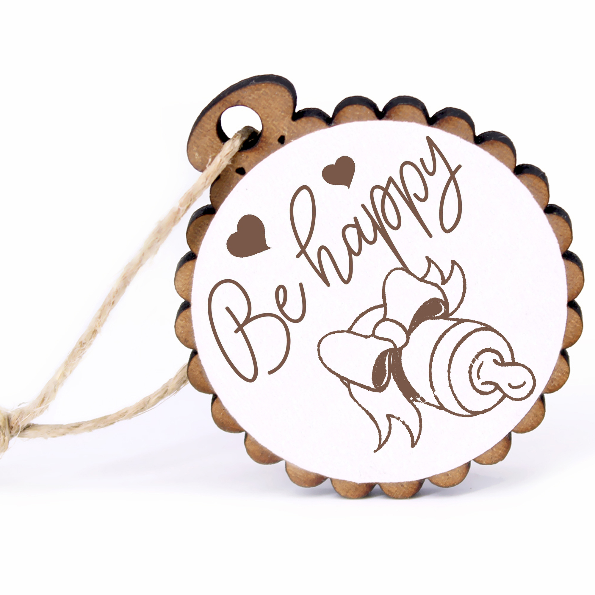 Geschenkanhänger - Be Happy Nuckelflasche -  Holz Ø-5cm - mit Juteband